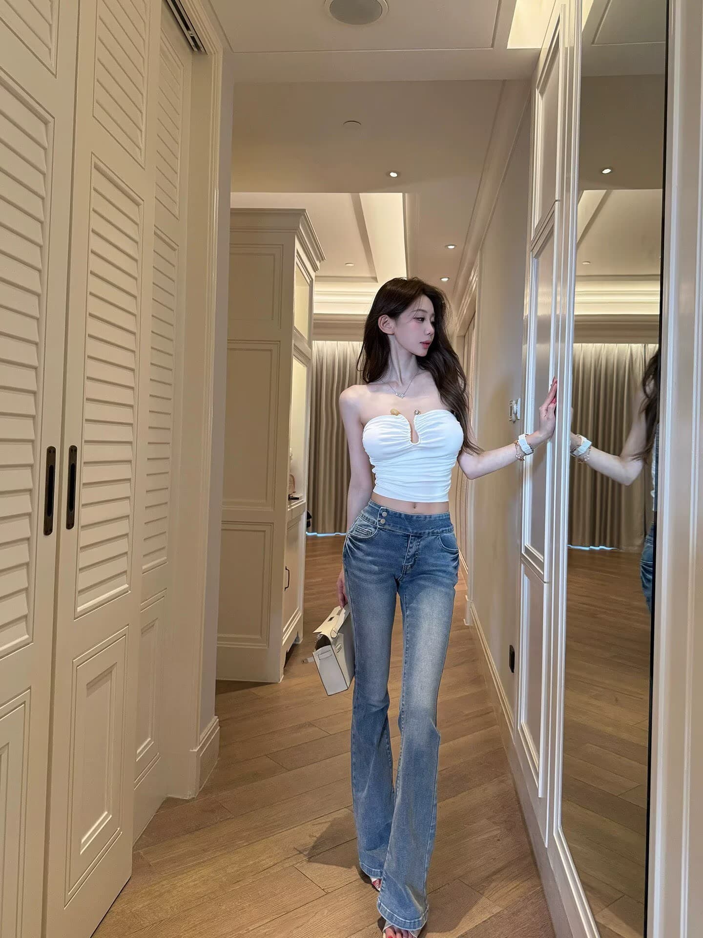 chill 챠오어 심장 기계 다리 좋은 레트로 워싱 와이드 허리 머리 펭 넓적 다리 이중 버튼 데님 긴 바지 부츠컷 바지 상세 이미지 5