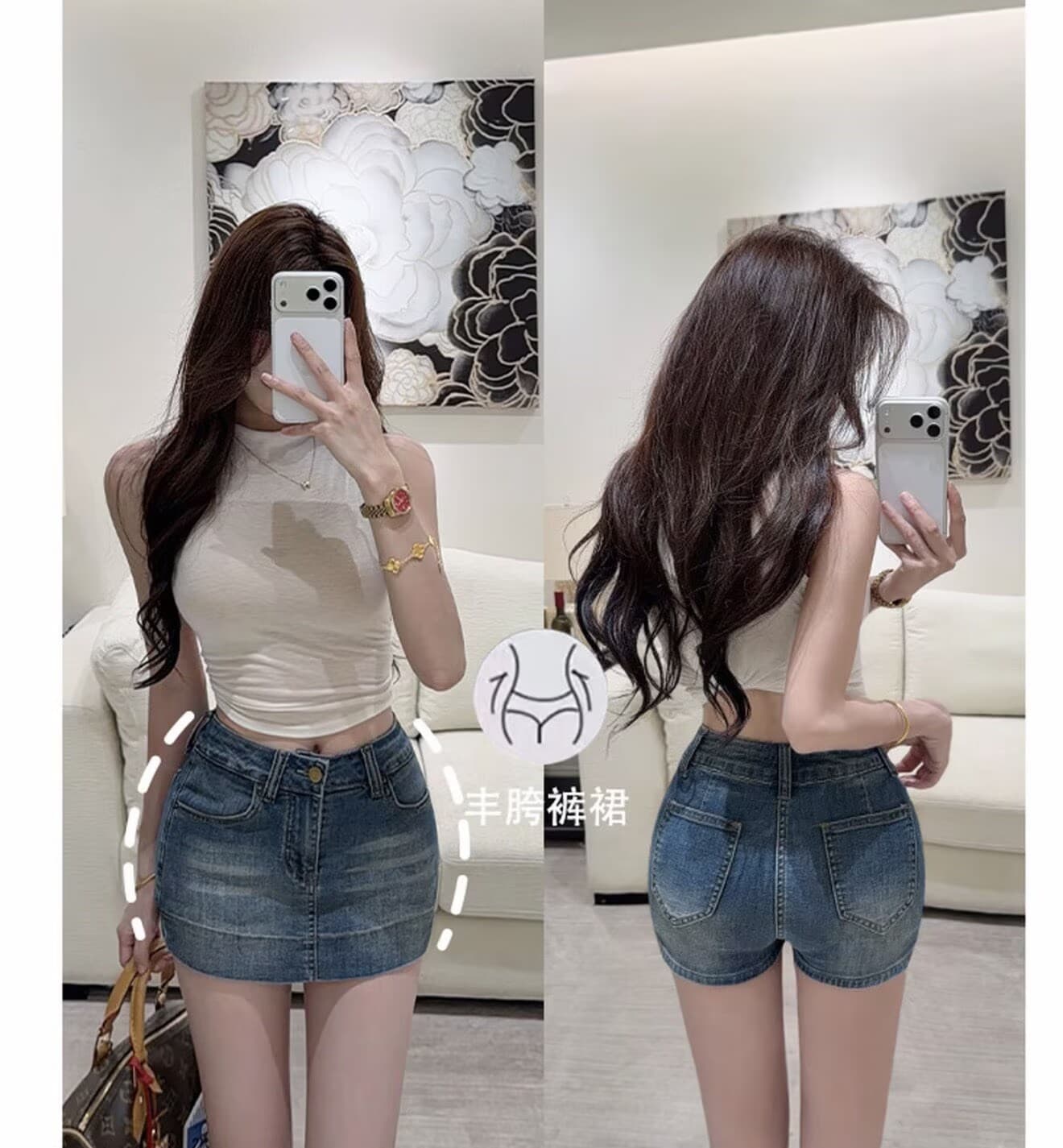 아메리칸 레트로 블루 로우 웨이스트 펭 넓적 다리 데님 반바지 여성 여름 핫걸 신축성 한 마디 타이트 스커트 바지 노출 방지 상세 이미지 5