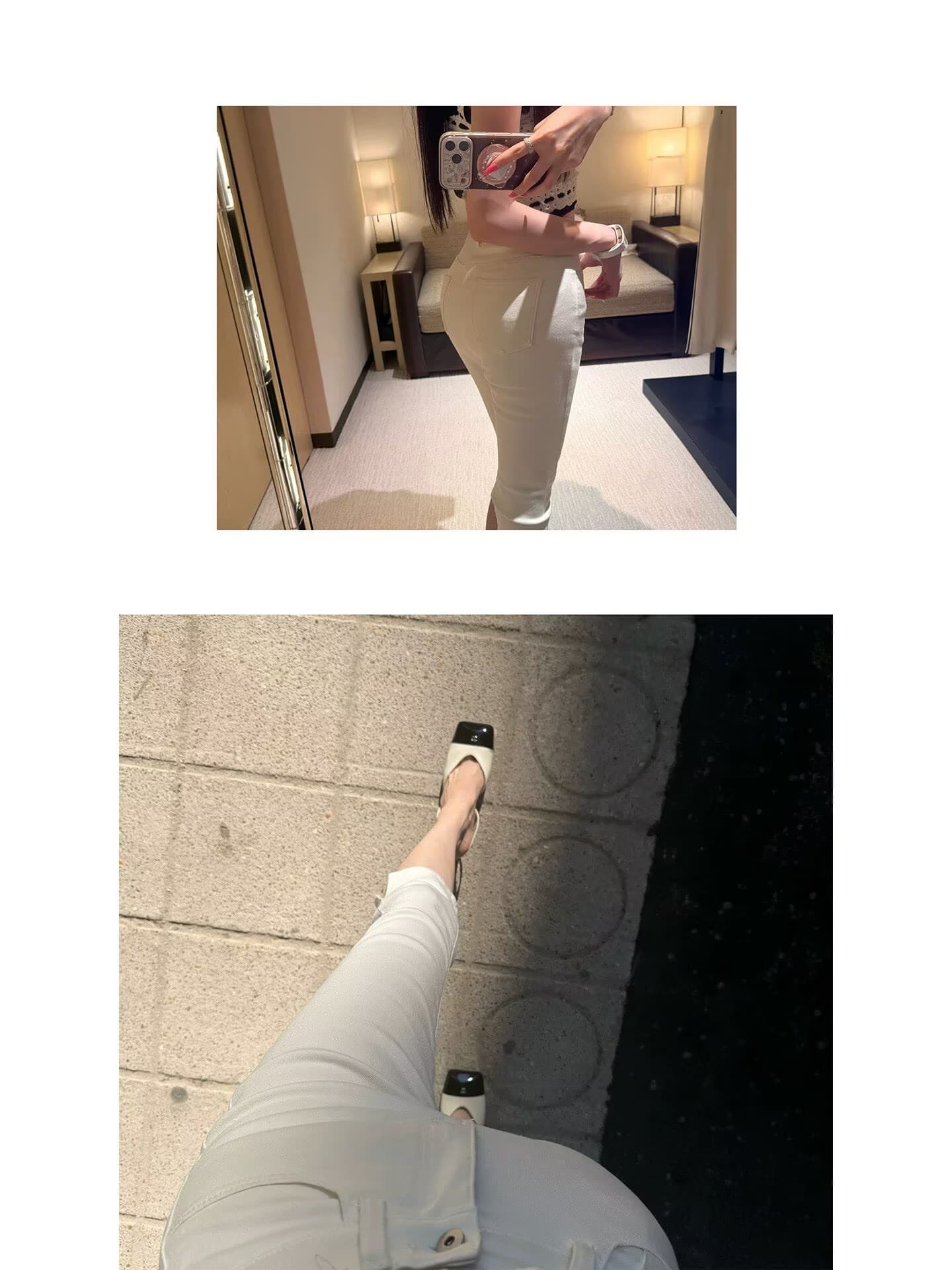 안녕하세요. 팬 팬 수리 용량 6 분 바지 화이트 여성 센스 카드 Pu 인사이드 바지 슬림해 보이는 중간 허리 높음 폭탄 몸매 가꾸기 청바지 이미지 3