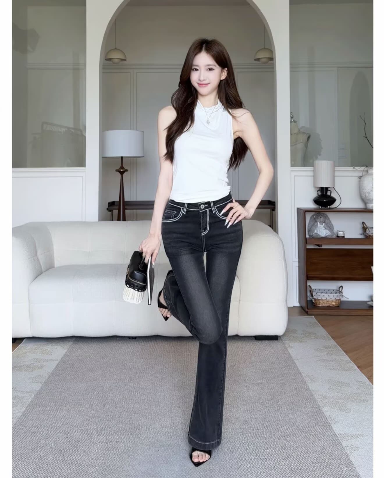 토끼 꽃차 여성 단체 빌드 오리지널 디자인 자수 명시적 스티치 로우 웨이스트 부츠컷 청바지 펭 넓적 다리 시리즈 상세 이미지 4