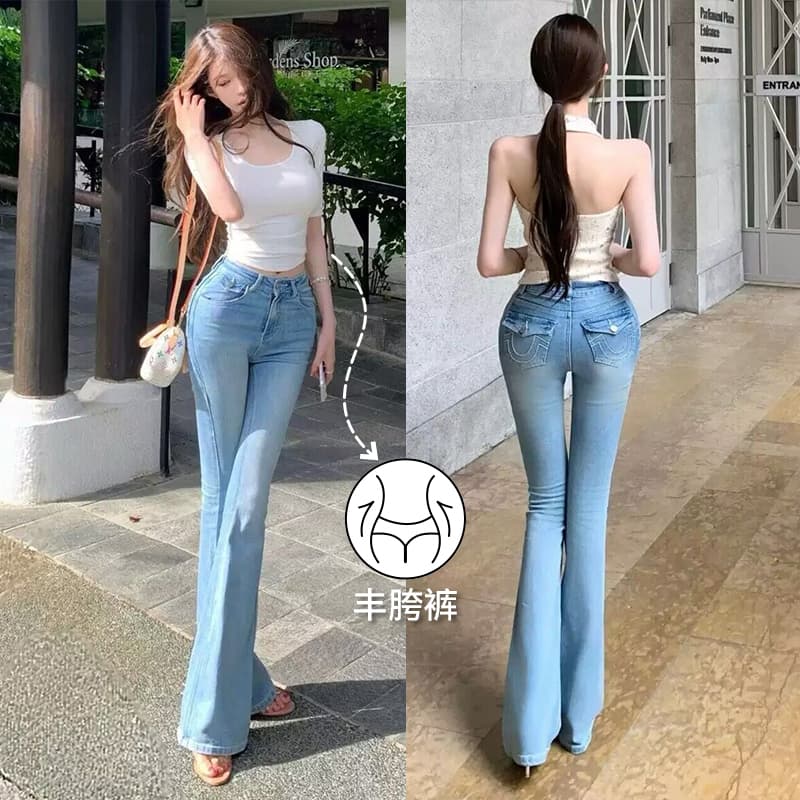 cher 챠오어 데님 전용 라인 펭 넓적 다리 레트로 중간 허리 청바지 여성 여름 몸매 가꾸기 슬림해 보이는 마이크로 나팔 롱 바지 상세 이미지 2