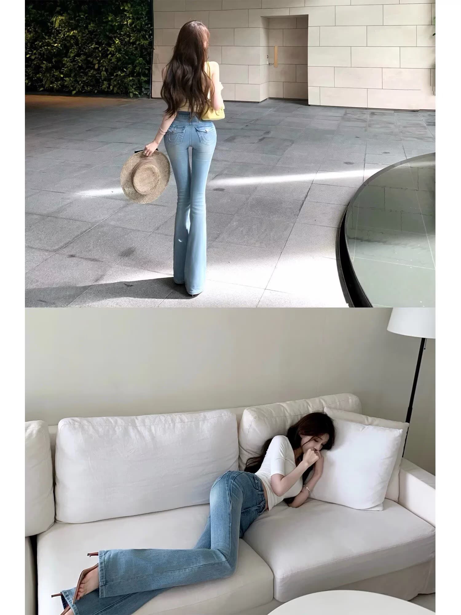 cher 챠오어 데님 전용 라인 펭 넓적 다리 레트로 중간 허리 청바지 여성 여름 몸매 가꾸기 슬림해 보이는 마이크로 나팔 롱 바지 상세 이미지 6