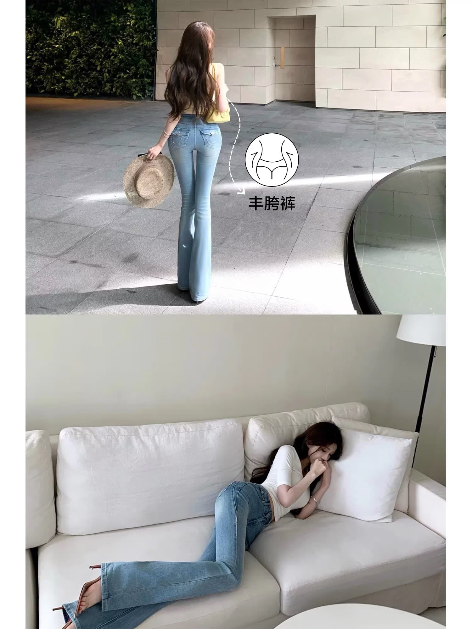 cher 챠오어 데님 전용 라인 펭 넓적 다리 레트로 중간 허리 청바지 여성 여름 몸매 가꾸기 슬림해 보이는 마이크로 나팔 롱 바지 상세 이미지 8