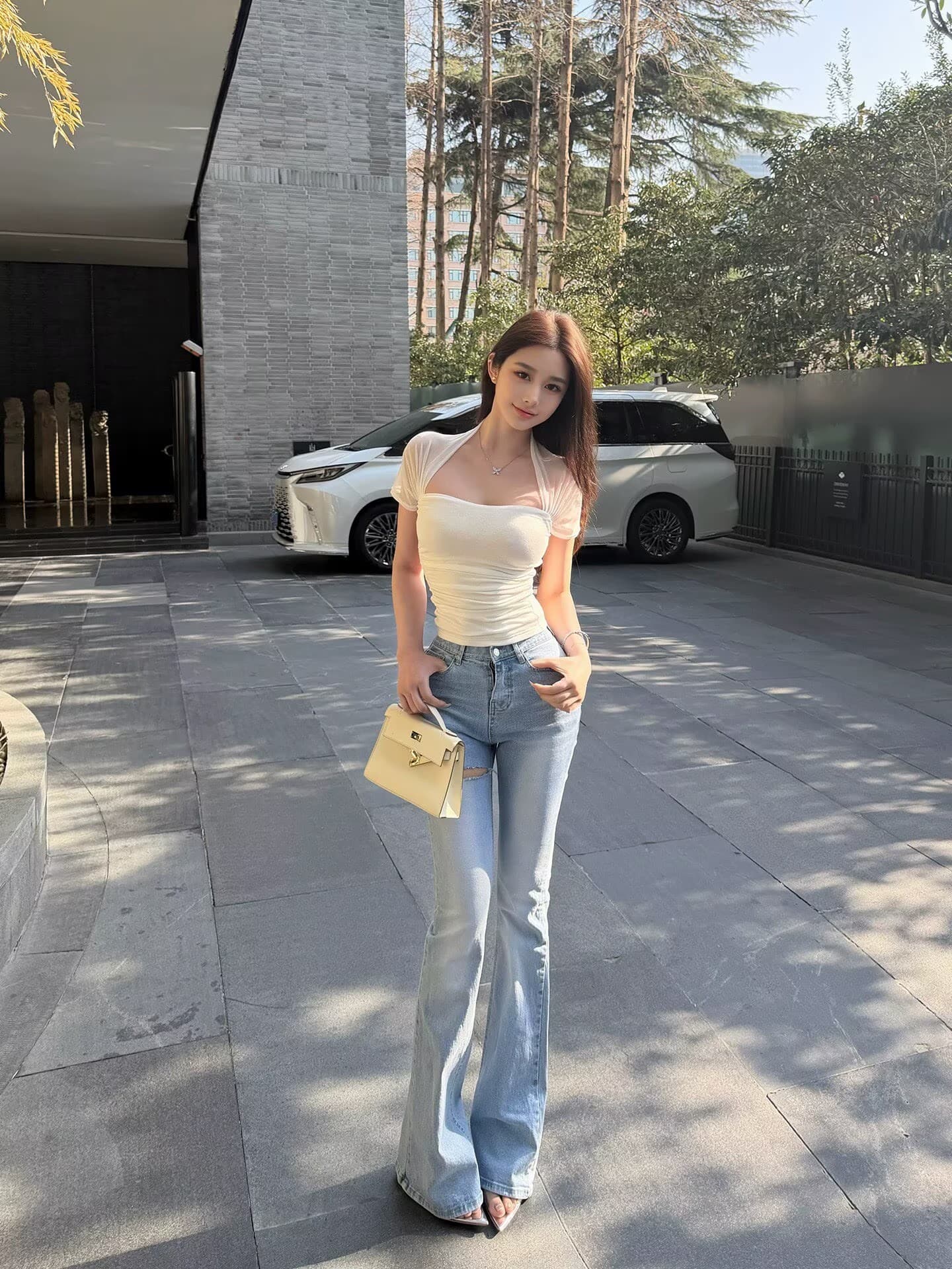 sx 좋은 안녕하세요. 하늘색 펭 넓적 다리 한 단어 찢어진 부분 부츠컷 청바지 여성 몸매 가꾸기 슬림해 보이는 디스플레이 다리 길이 품격 리프트 엉덩이 바지 이미지 2