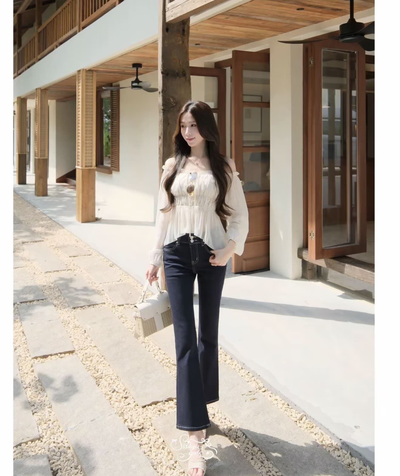 토끼 버블 꽃차 단 닝 휴일 오리지널 디자인 라이 경기 서울 펭 넓적 다리 원본 암소 색상 9 포인트 부츠컷 청바지 이미지 3