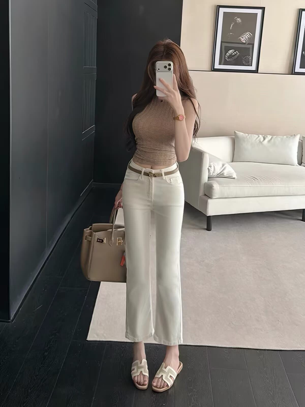 조 스택 라이 경기 서울 미니멀리즘 펭 넓적 다리 화이트 9 포인트 청바지 여성 여름 폭발 다용도 슬림해 보이는 스트레이트 없음 벨트 상세 이미지 7