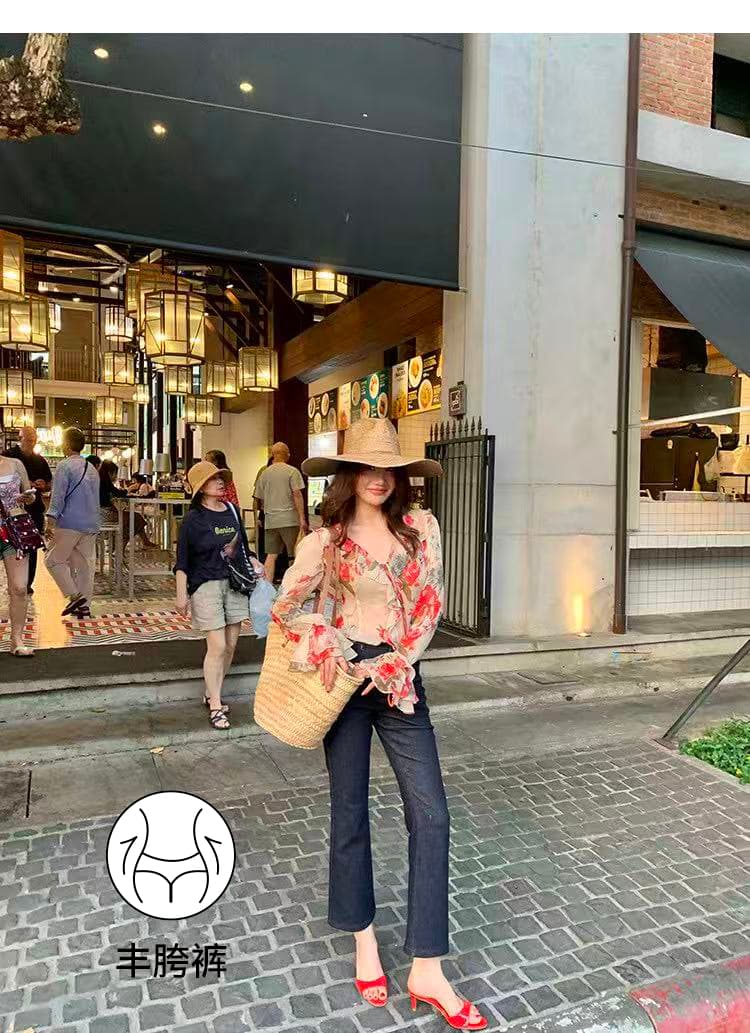 용 안녕하세요. 어린이 해군 청바지 여성 중간 허리 신축성 펭 넓적 다리 9부 바지 디자인 센스 부츠컷 바지