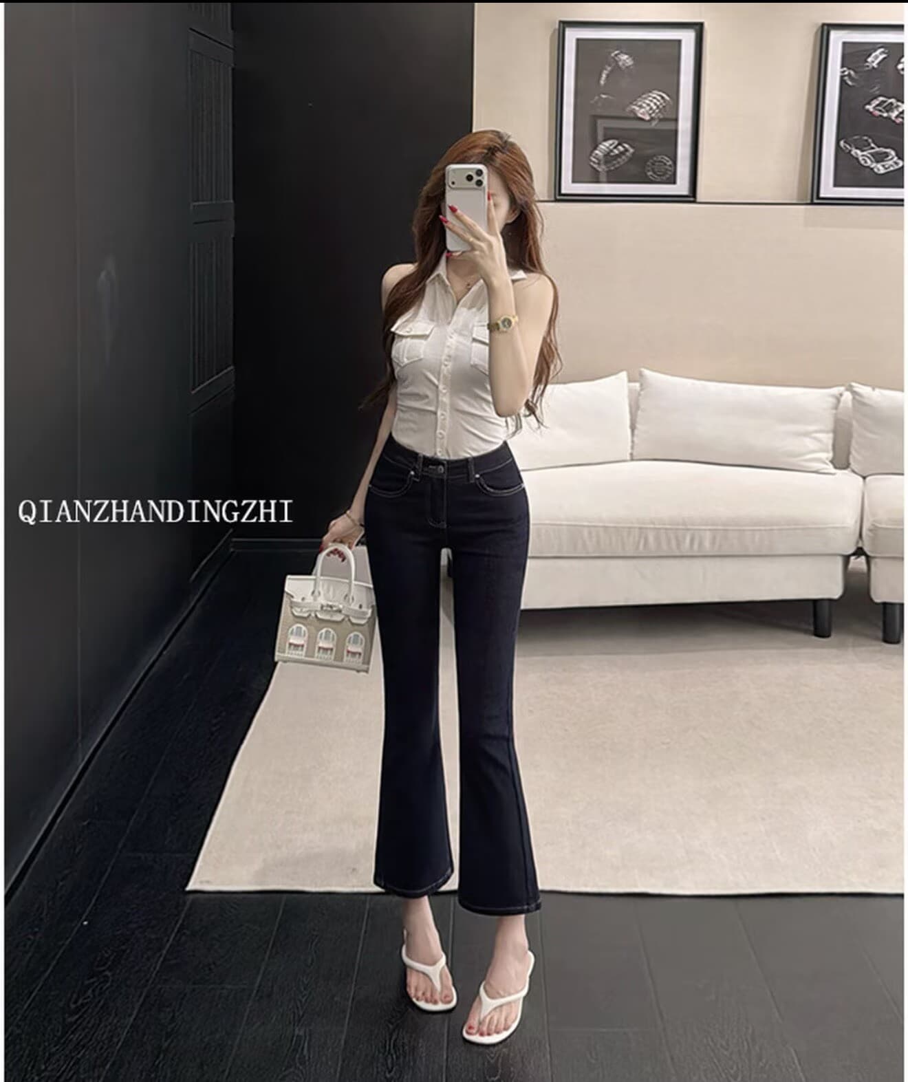 조 스택 레트로 단 닝 블루 펭 넓적 다리 꼬집기 허리 9 포인트 부츠컷 청바지 여성 여름 폭발 표지 가방 리프트 엉덩이 슬림해 보이는 바지 이미지 2
