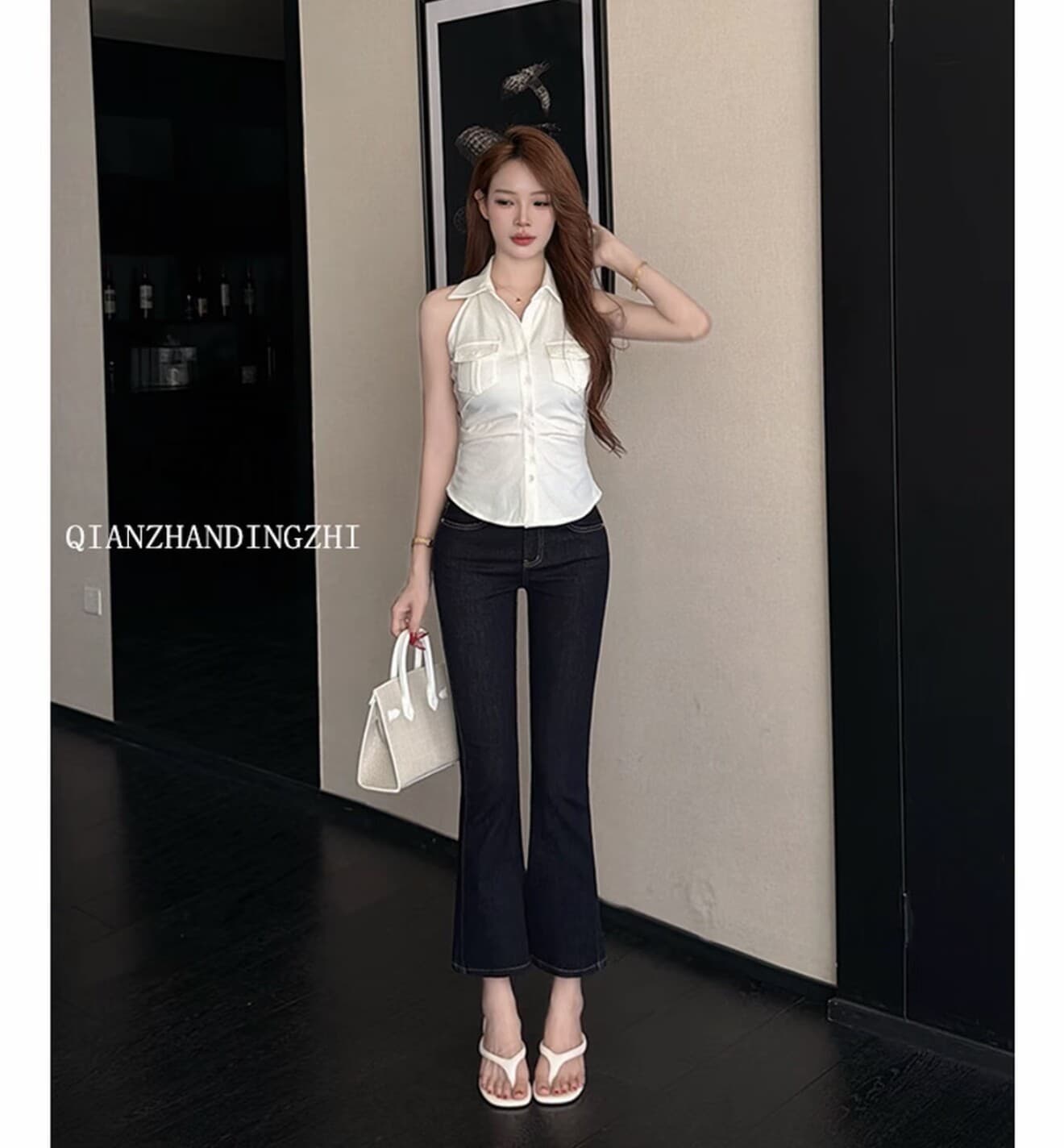 조 스택 레트로 단 닝 블루 펭 넓적 다리 꼬집기 허리 9 포인트 부츠컷 청바지 여성 여름 폭발 표지 가방 리프트 엉덩이 슬림해 보이는 바지 이미지 3