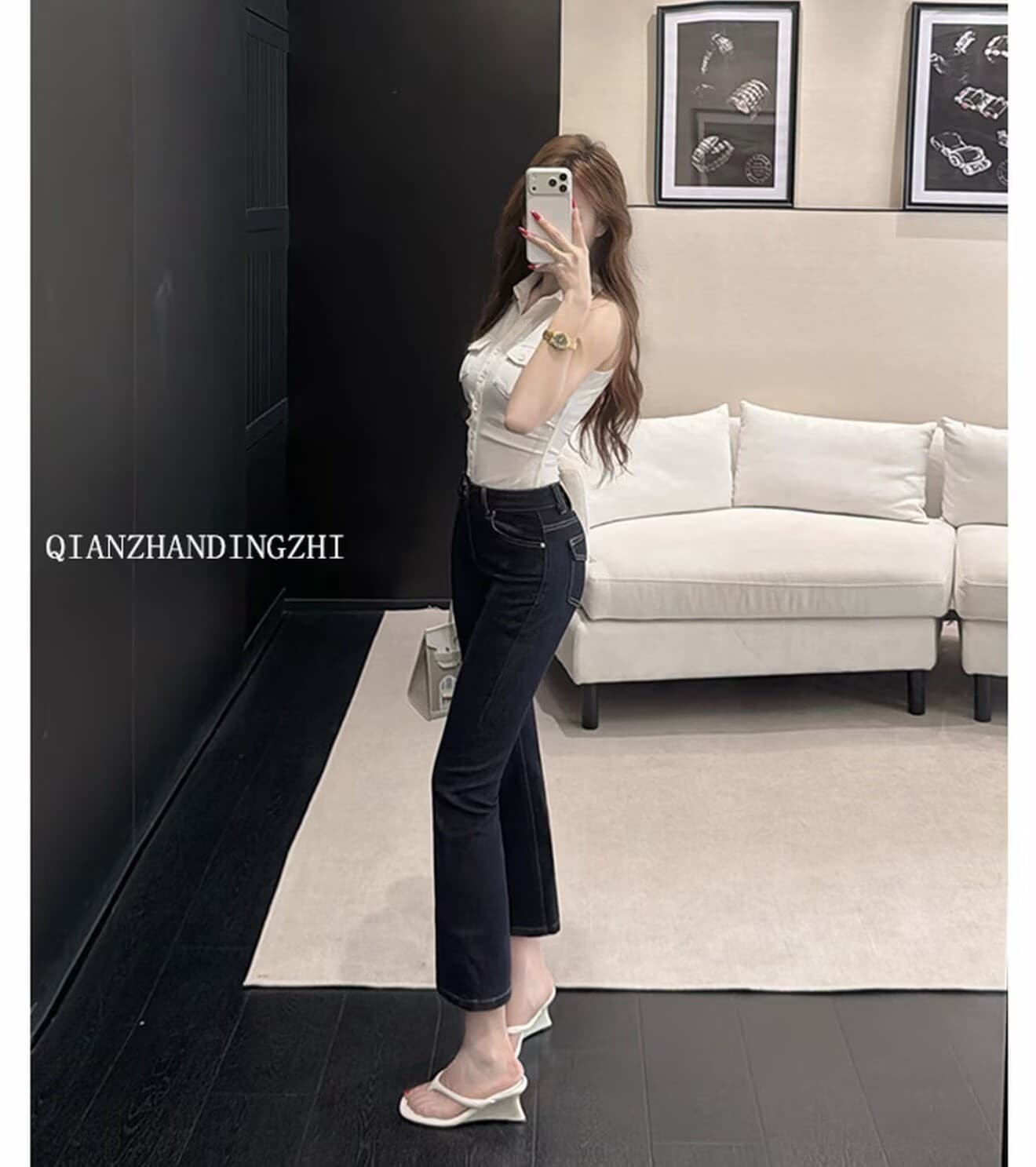 조 스택 레트로 단 닝 블루 펭 넓적 다리 꼬집기 허리 9 포인트 부츠컷 청바지 여성 여름 폭발 표지 가방 리프트 엉덩이 슬림해 보이는 바지 이미지 4