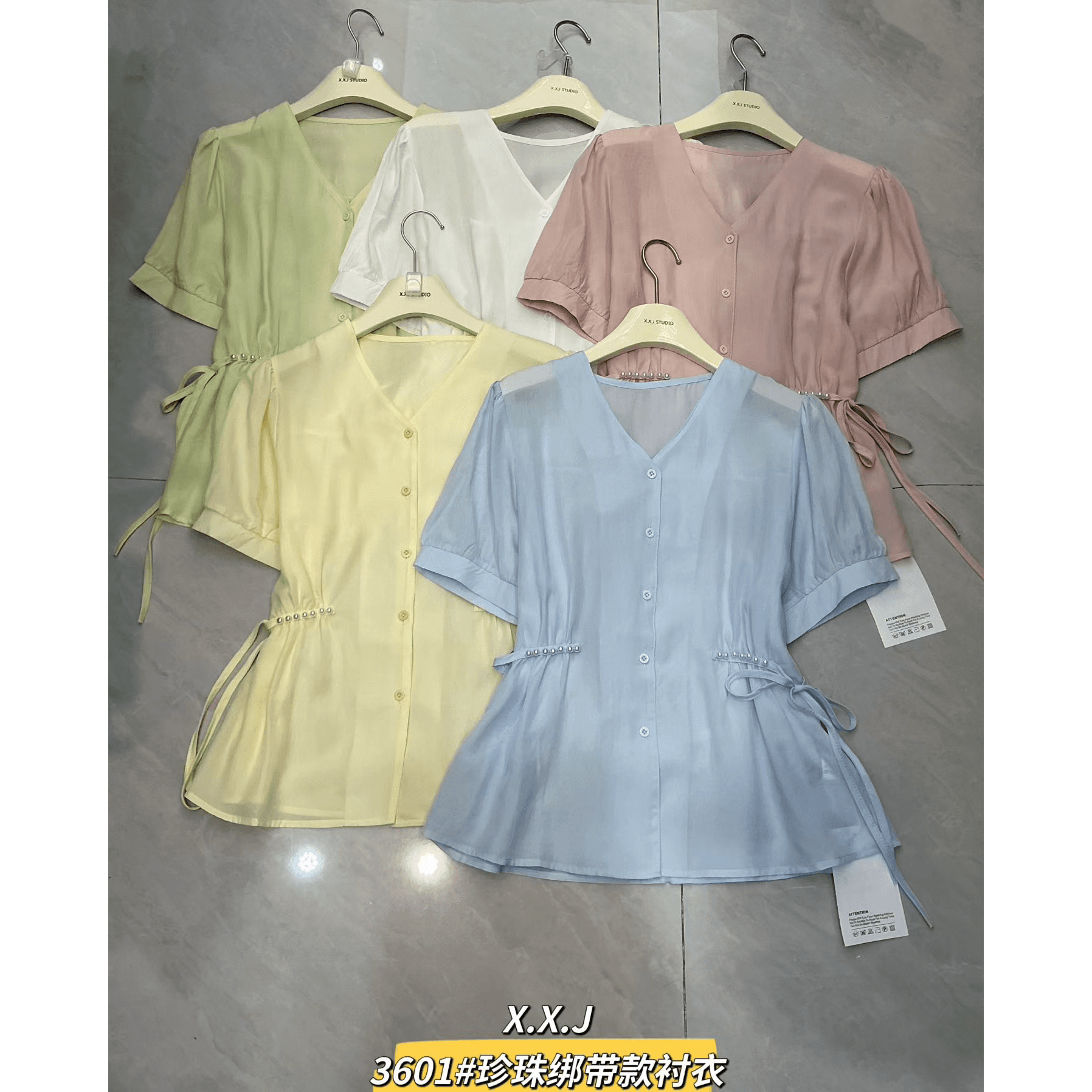 프랑스식 V넥 거품 소매 여성 셔츠 여름 새로운 자이언트 잘 생긴 ~ 중 스트랩 허리 수축 슬림해 보이는 긍정적 인 어깨 반팔 맨위 이미지 5