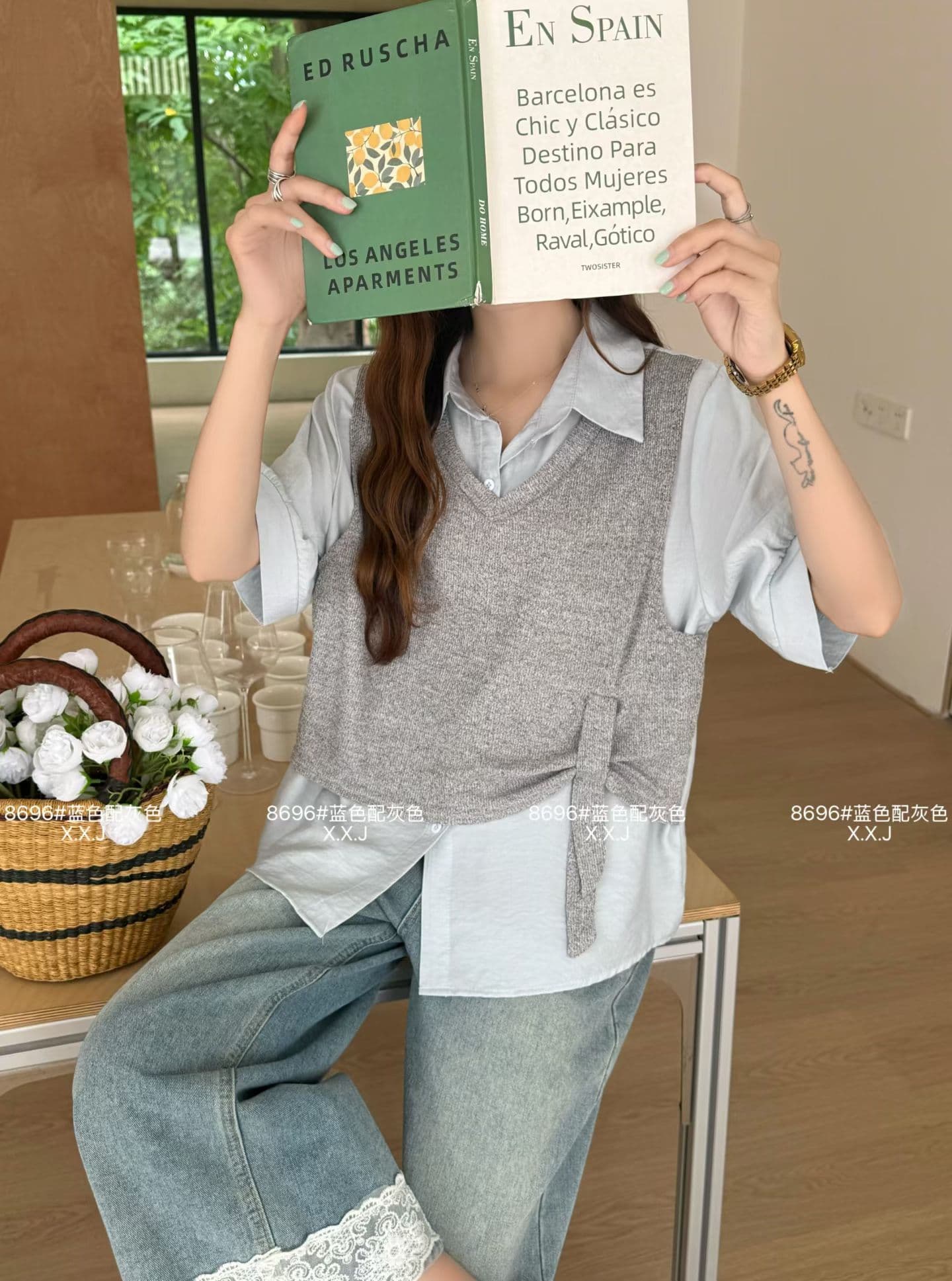 디자인 센스 페이크 레이어드 패치워크 긍정적 인 어깨 반팔 여성 셔츠 여름 빅 사이즈 지방 mm 슬림해 보이는 연령 감소 불규칙 맨위 상세 이미지 4