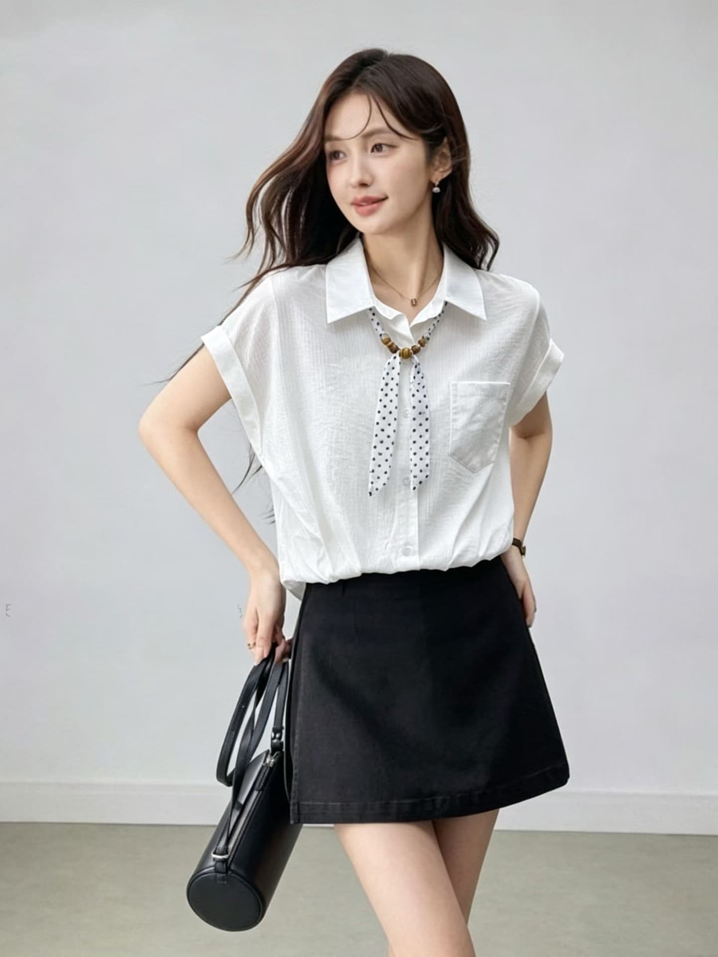 도트 무늬 레이스업 스카프 반팔 여성 셔츠 2026 새로운 여름 빅 사이즈 지방 mm 슬림해 보이는 빛 럭셔리 고급 센스 맨위 상세 이미지 2
