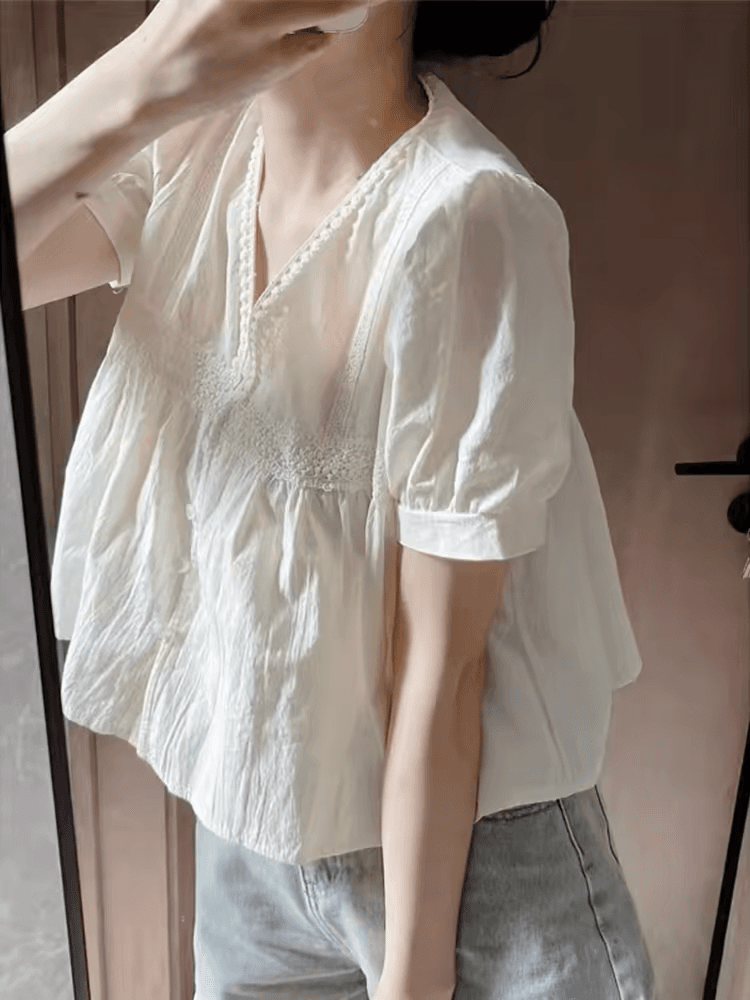 프랑스식 화이트 V넥 반팔 여성 셔츠 디자인 센스 작은 키 인형 셔츠 거품 소매 맨위 작은 청신 여름 드레스 상세 이미지 2