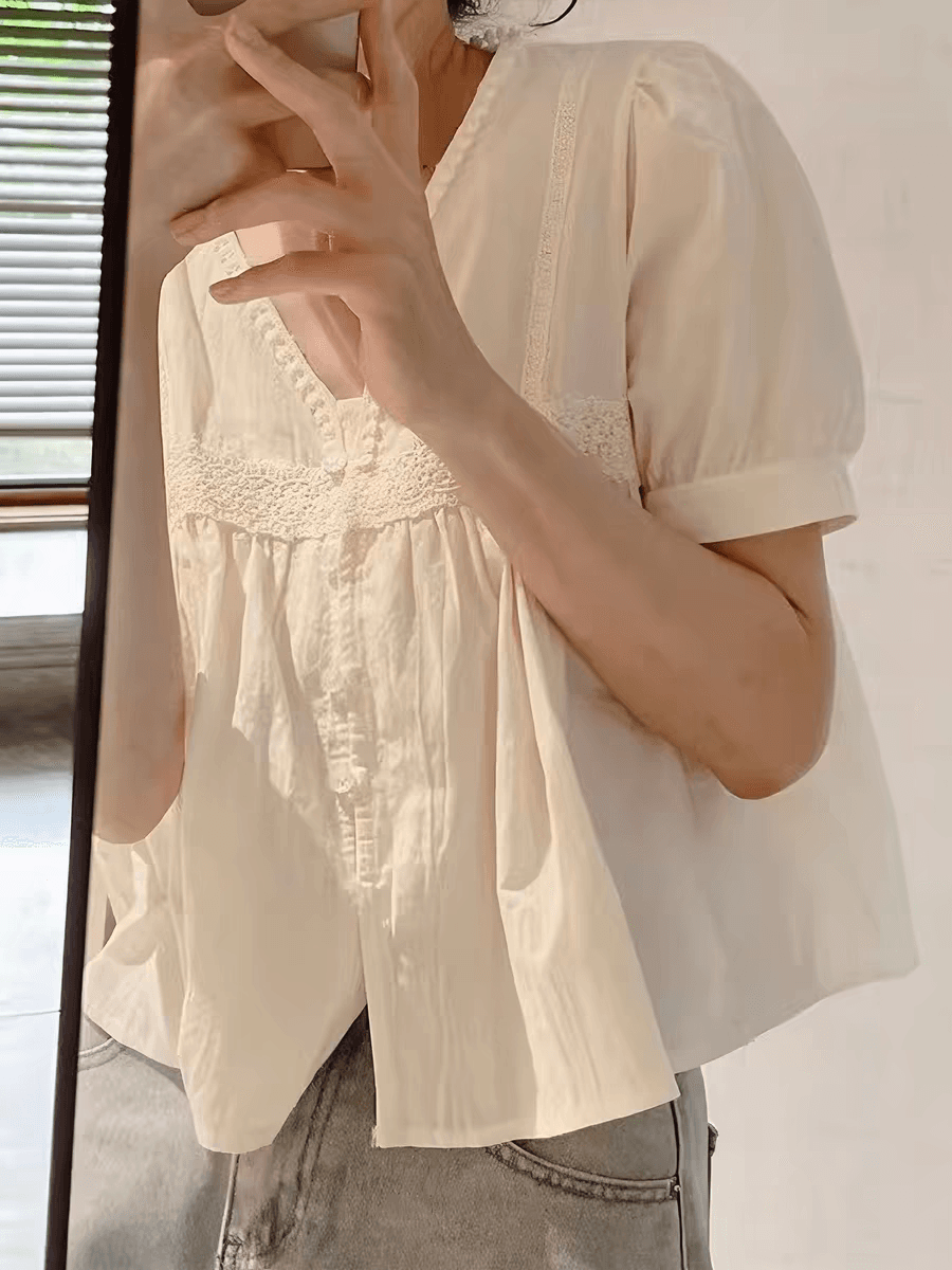 프랑스식 화이트 V넥 반팔 여성 셔츠 디자인 센스 작은 키 인형 셔츠 거품 소매 맨위 작은 청신 여름 드레스 상세 이미지 3