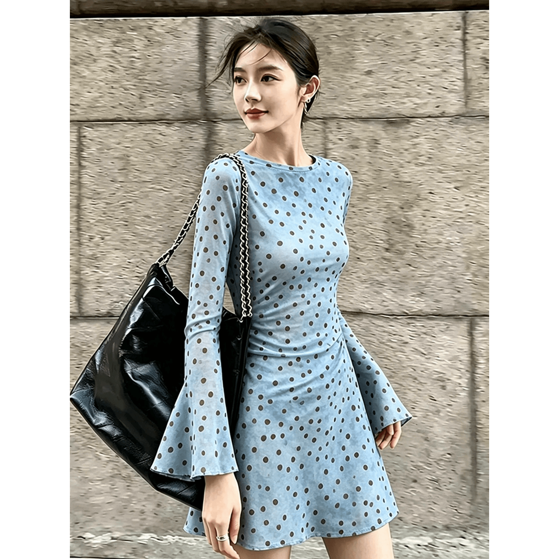 한 부서 고급 센스 도트 무늬 프린트 나팔 소매 드레스 여성 의류 여름 새로운 허리 수축 슬림해 보이는 품격 짧은 치마 이미지 5