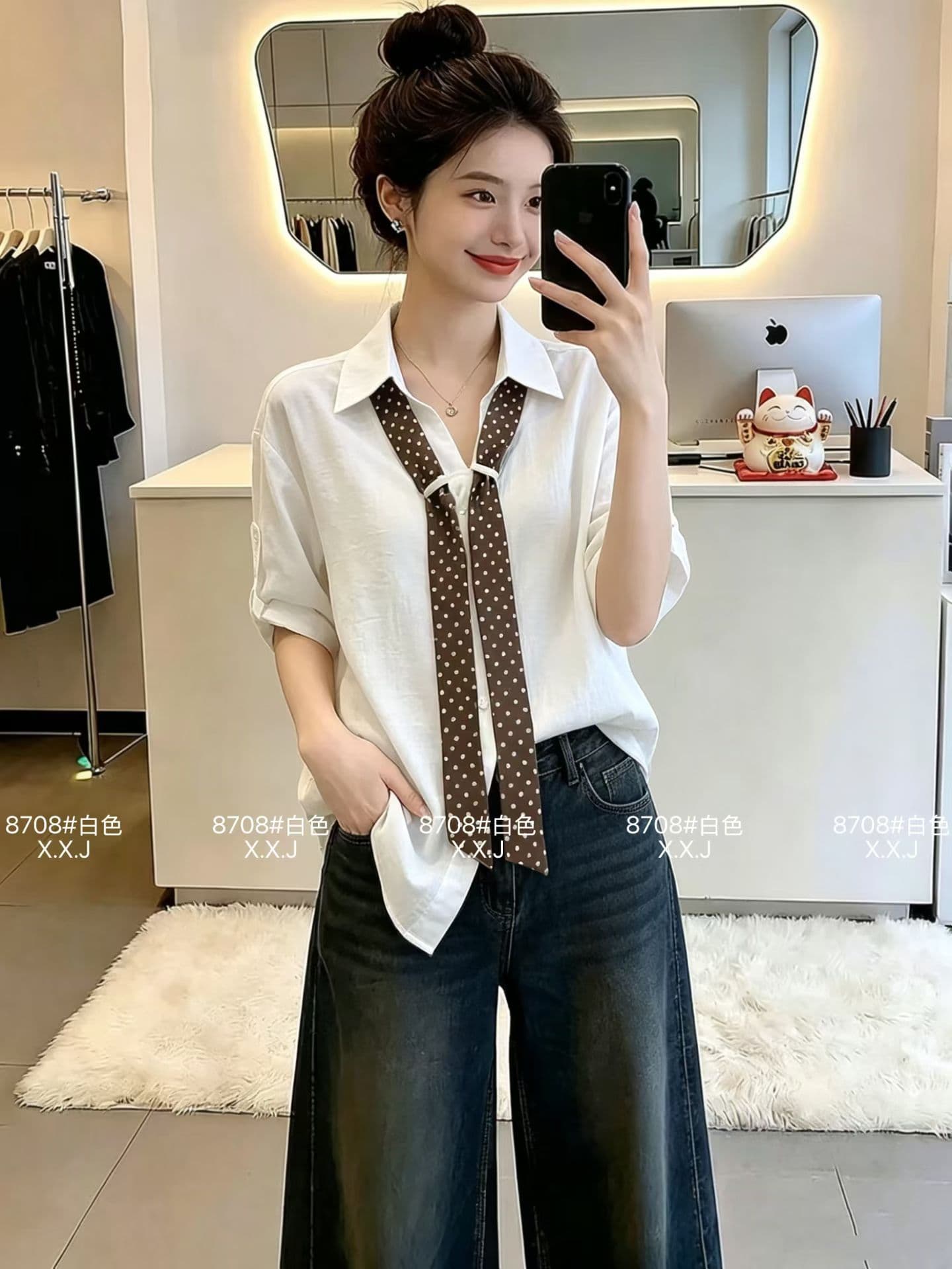 유럽 역 2026 봄 여름 새로운 품격 뒤집다 측면 소매 루즈핏 슬림해 보이는 여성 셔츠 경기 도트 무늬 스카프 맨위 여성 트렌디 상세 이미지 6