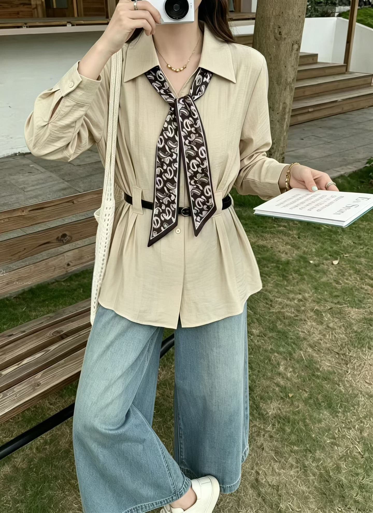 고유 한 슈퍼 잘 생긴 스카프 스트랩 긴팔 여성 셔츠 이른 가을 2026 새로운 빅 사이즈 지방 mm 고급 셔츠 맨위