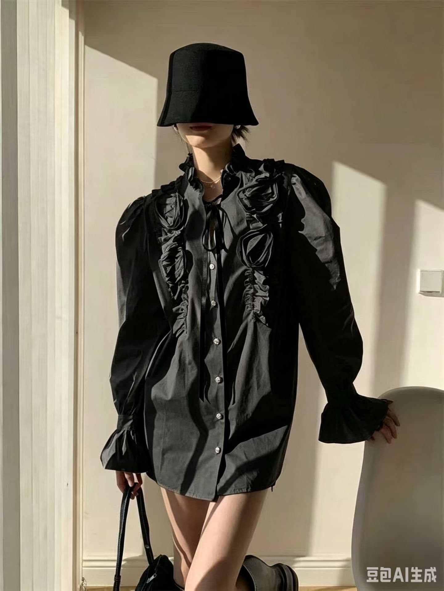 2026 가을 새로운 프랑스식 주름 3 차원 꽃 어깨 레이스업 품격 루즈핏 셔츠 셔츠 긴팔 여성 상세 이미지 5