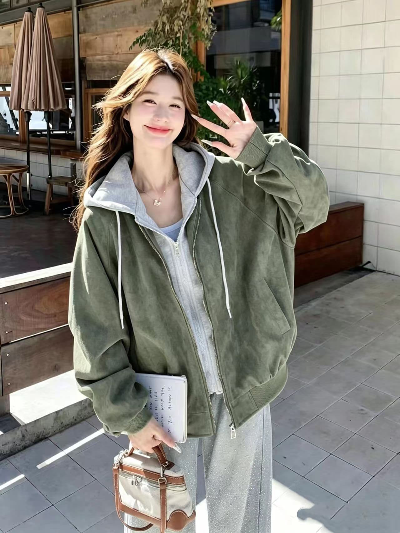 페이크 레이어드 패치워크 사슴 캐시미어 쇼트 스타일 여성 코트 2026 새로운 가을 아메리칸 레트로 펌프 로프 후드 야구 유니폼 상세 이미지 7