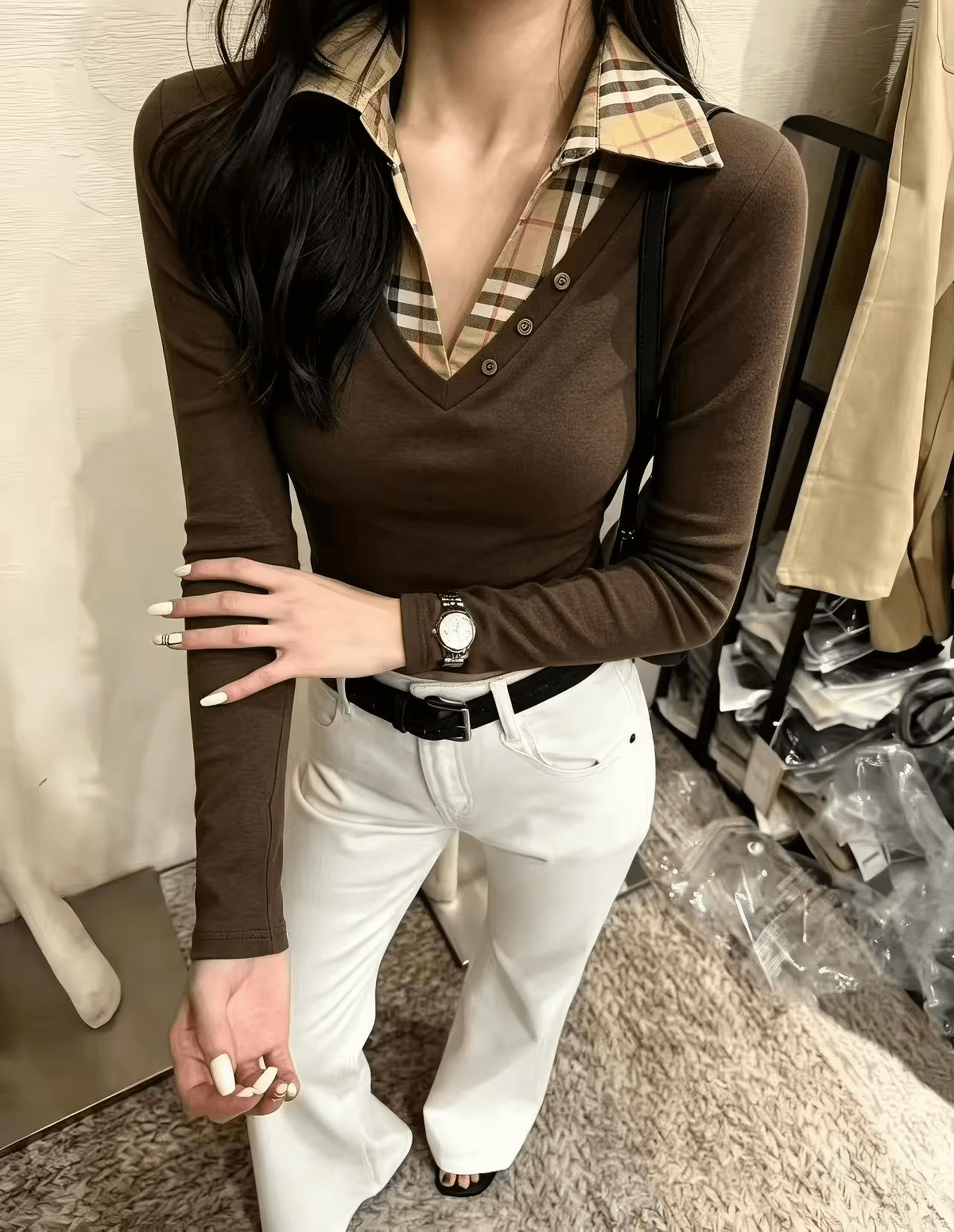 한 부서 레트로 스트라이프 POLO 칼라 패치워크 페이크 레이어드 긴팔 티셔츠 여성 가을 의상 자이언트 잘 생긴 다용도 슬림해 보이는 맨위 상세 이미지 9