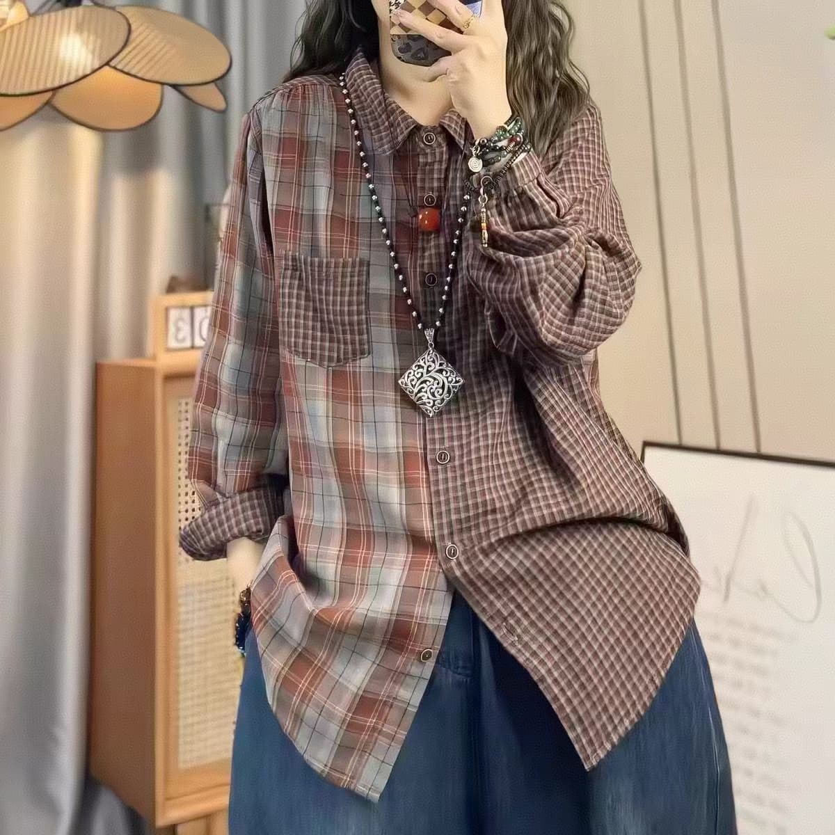 레트로 체크무늬 여성 셔츠 2026 가을 새로운 루즈핏 폴로 칼라 디자인 센스 순면 셔츠 캐주얼 출퇴근 맨위