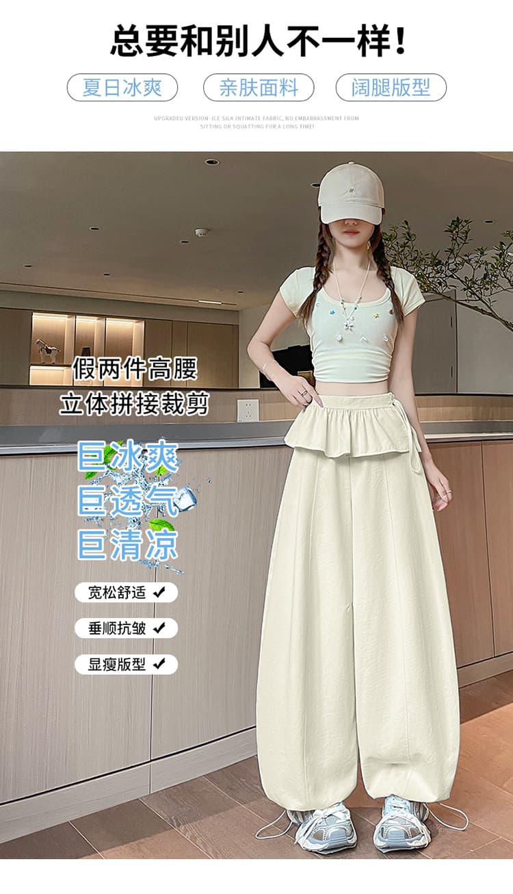 실사 플랜지 실크 미끄러짐 면 다용도 캐주얼 표지 방귀 긴 바지 여성 여름 도루 센스 허리밴드 레이스업 스트레이트 와이드 레그 팬츠 상세 이미지 13