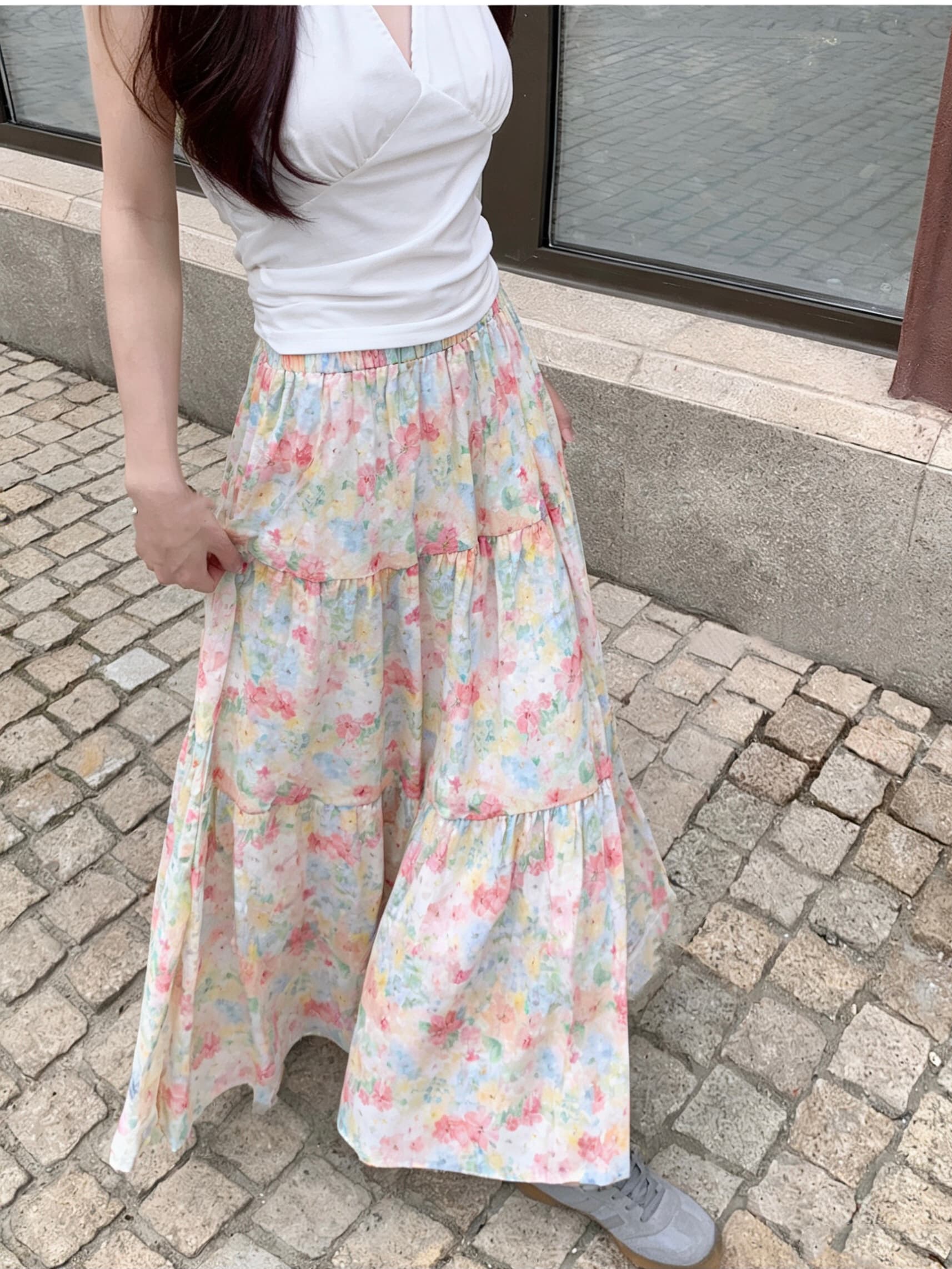 실사 한 부서 봄 여름 허리밴드 도루 센스 꽃무늬 패치워크 한 마디 반신 스커트 슬림해 보이는 다용도 큰 진자 우산 치마 이미지 2