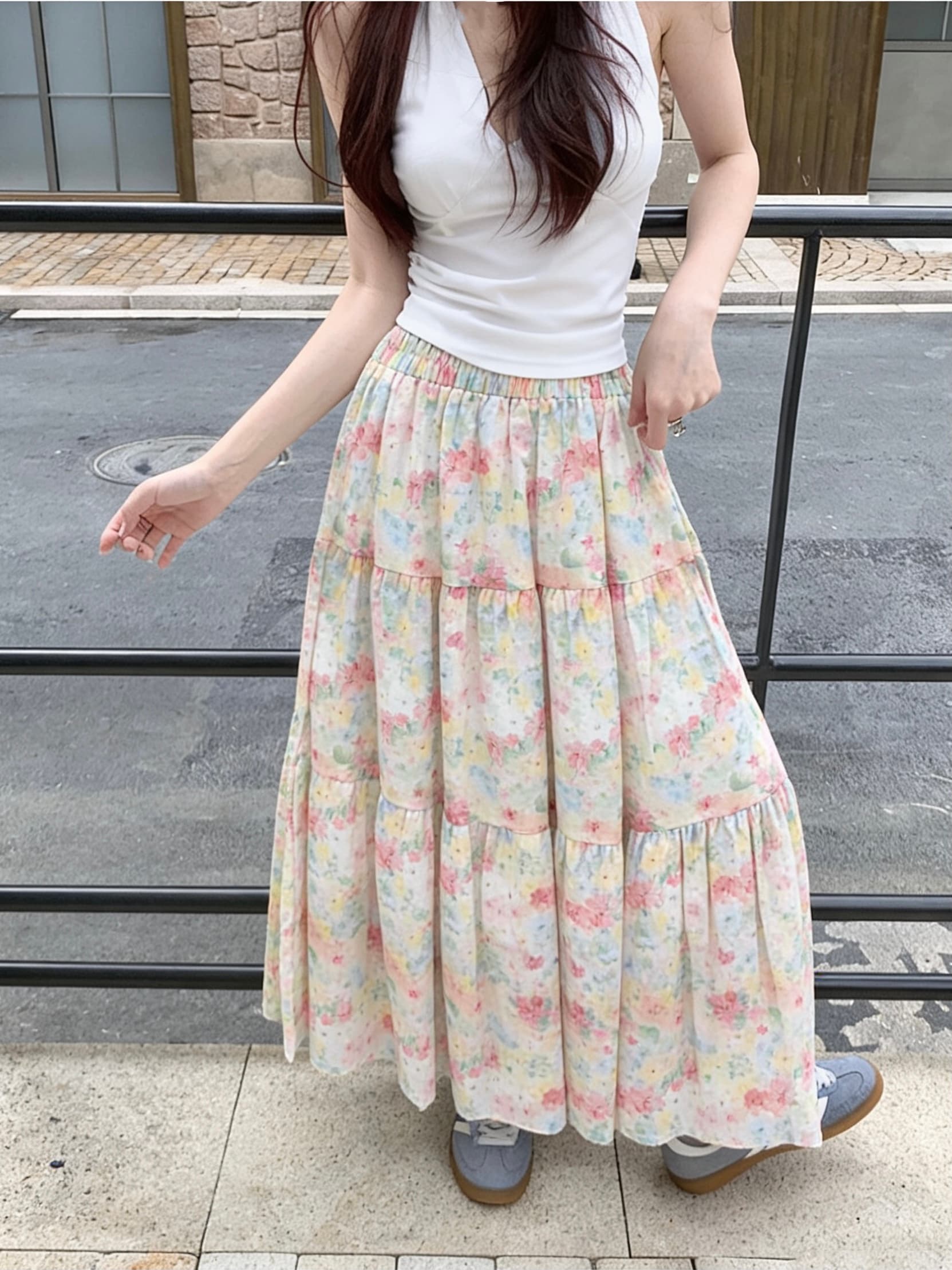 실사 한 부서 봄 여름 허리밴드 도루 센스 꽃무늬 패치워크 한 마디 반신 스커트 슬림해 보이는 다용도 큰 진자 우산 치마 상세 이미지 6