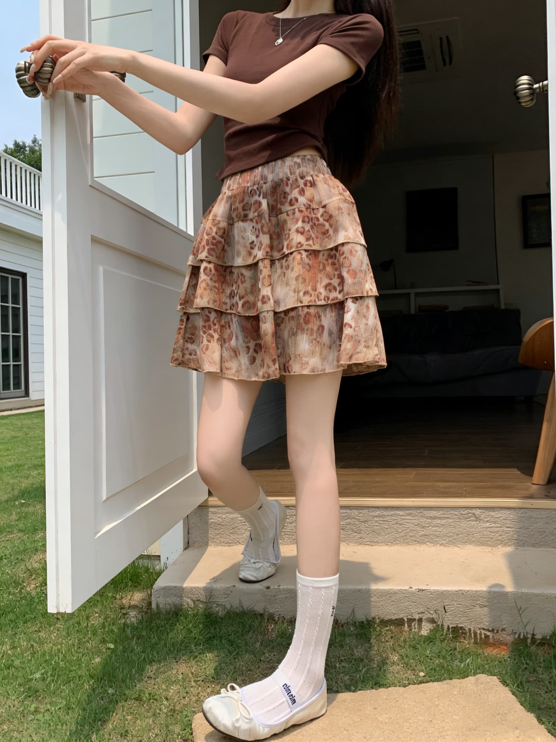 실사 레오파드 무늬 퍼프 케이크 드레스 여성 여름 핫걸 바람 하이웨이스트 슬림해 보이는 A 단어 치마 다용도 반신 스커트 상세 이미지 5