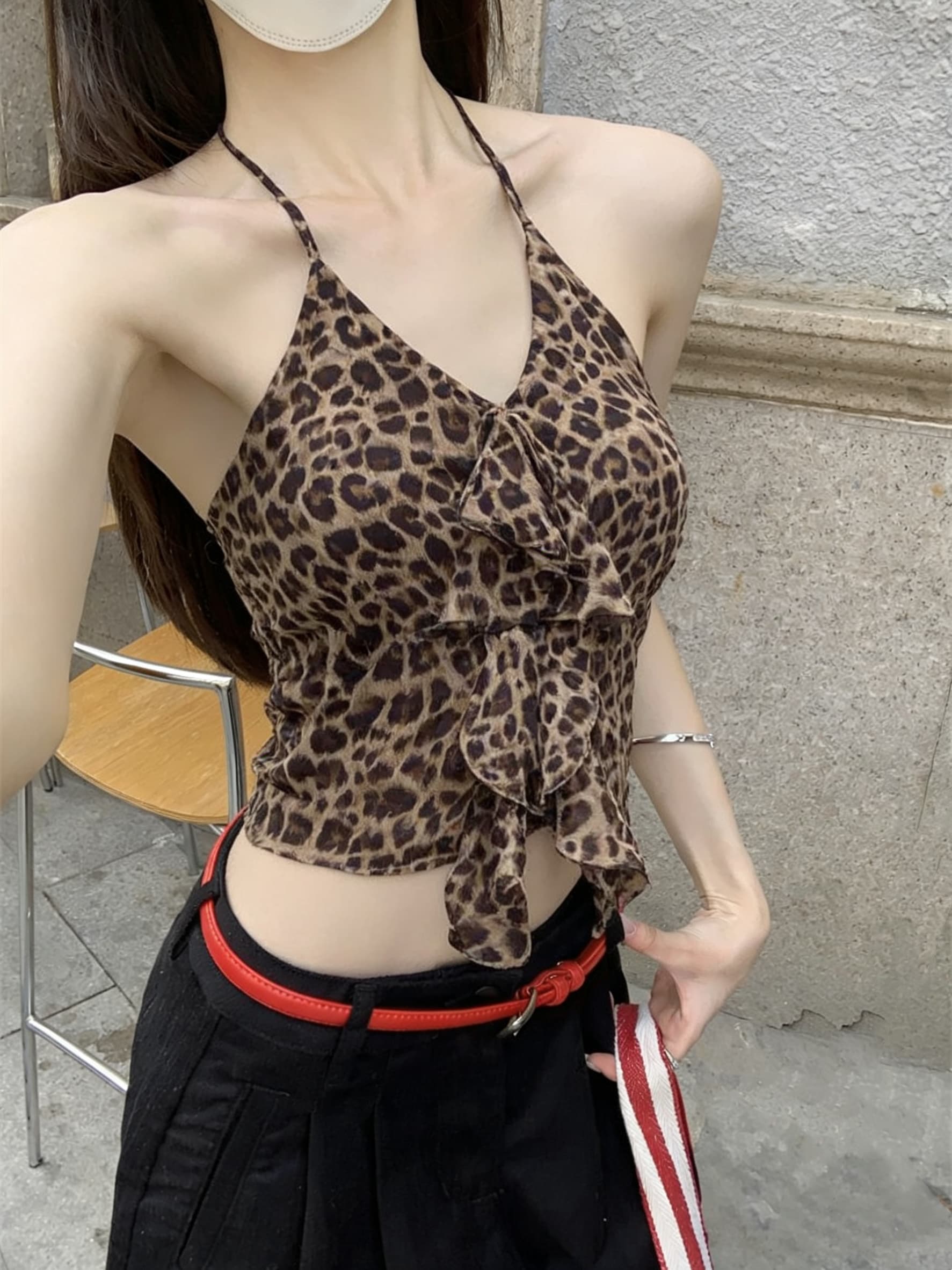 실사 핫걸 레오파드 무늬 백리스 행침 목 슬립 작은 조끼 여성 여름 인사이드 가져 가라. 쇼트 스타일 섹시함 맨위 이미지 4