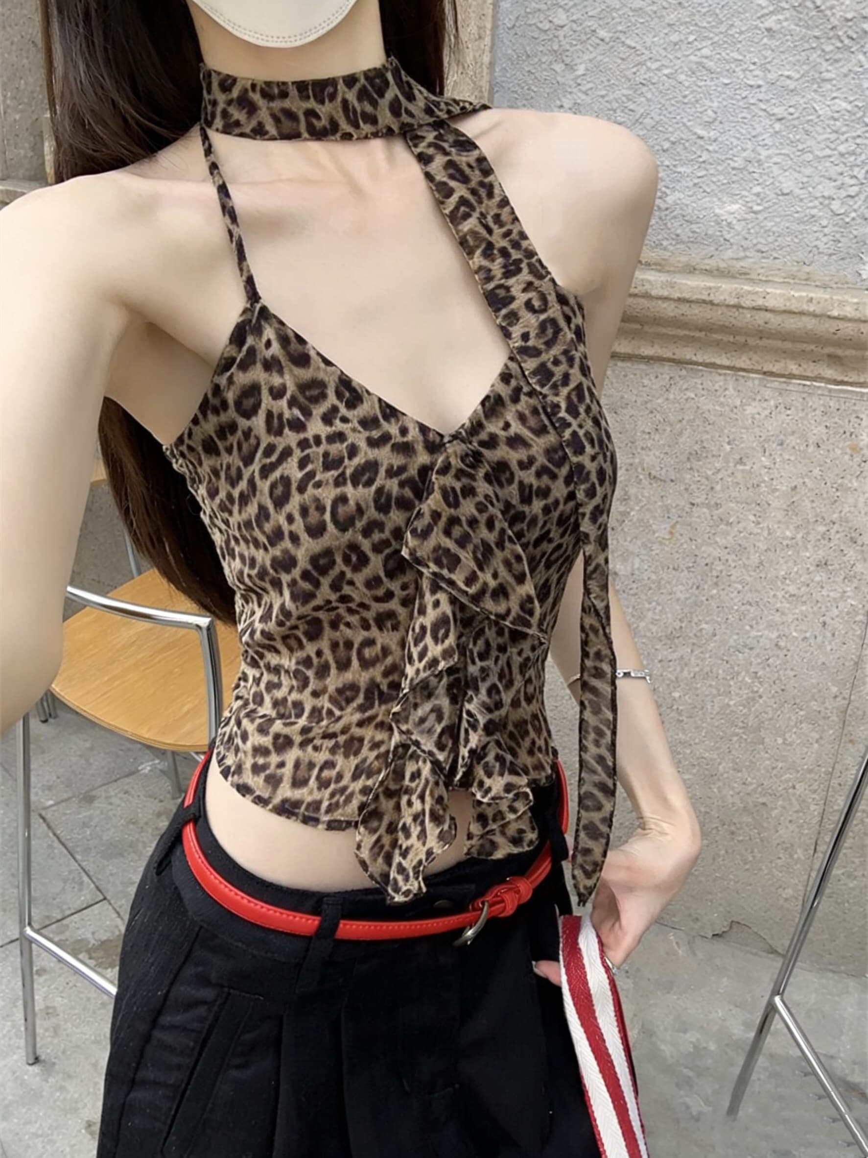 실사 핫걸 레오파드 무늬 백리스 행침 목 슬립 작은 조끼 여성 여름 인사이드 가져 가라. 쇼트 스타일 섹시함 맨위 상세 이미지 2