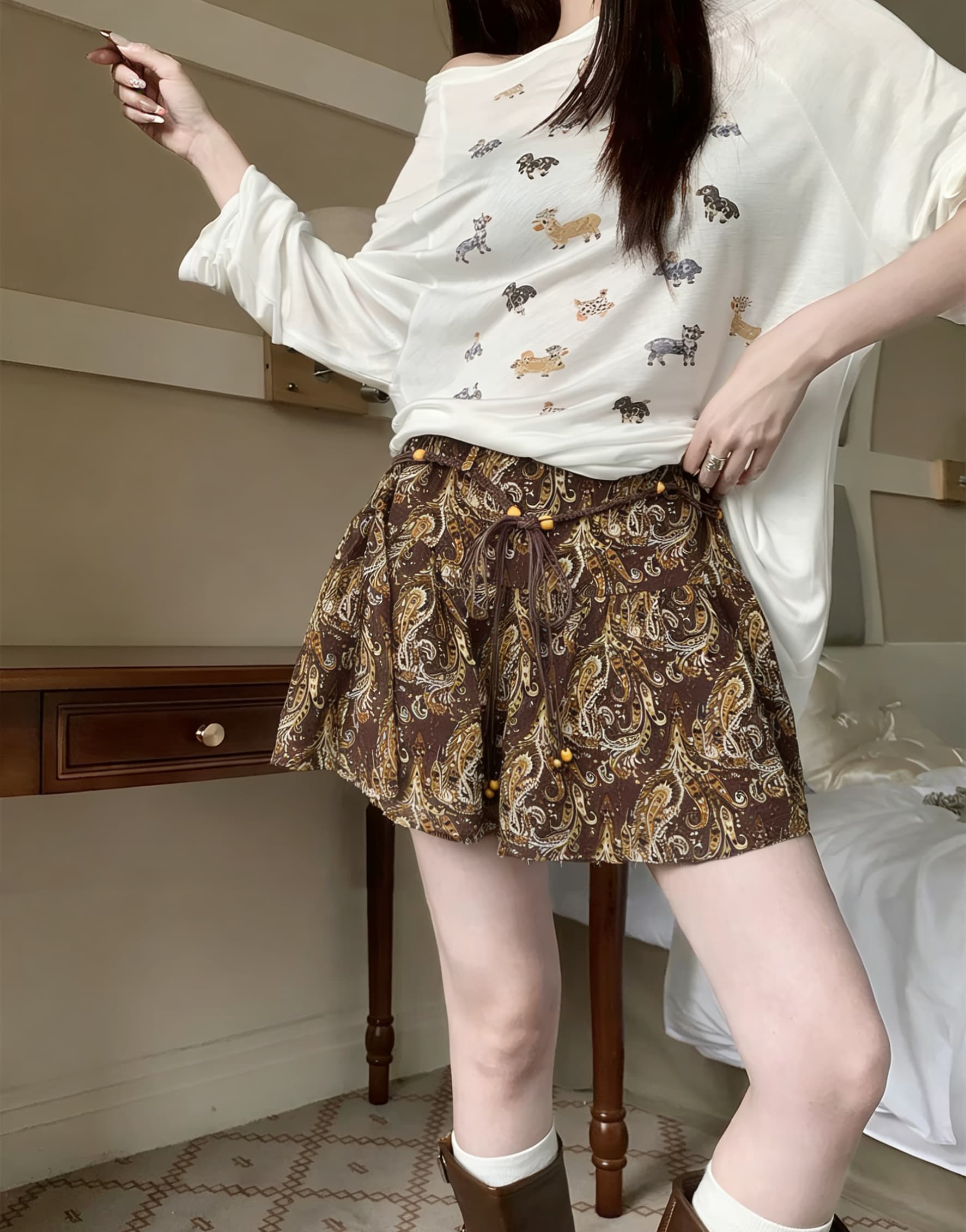 실사 여름 프랑스식 레트로 프린트 하이웨이스트 쉬폰 반신 스커트 디자인 센스 작은 대중 꽃무늬 미니 스커트 상세 이미지 2