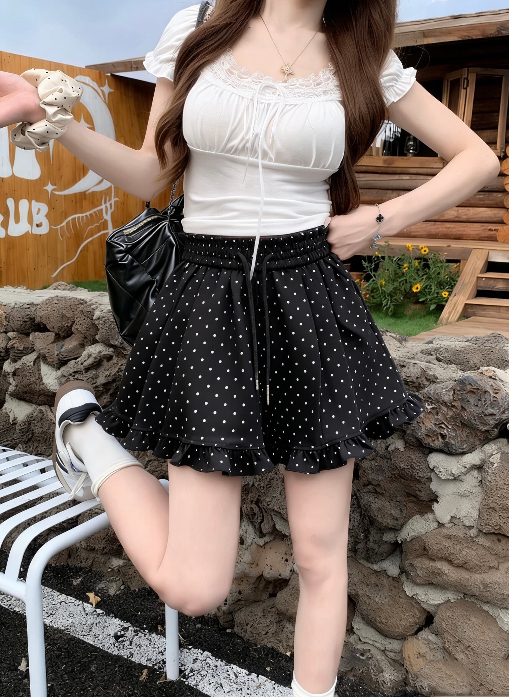 실사 한국 스타일 여름 편안함 도트 무늬 캐주얼 반바지 다용도 하이웨이스트 슬림해 보이는 루즈핏 와이드 레그 팬츠 이미지 4