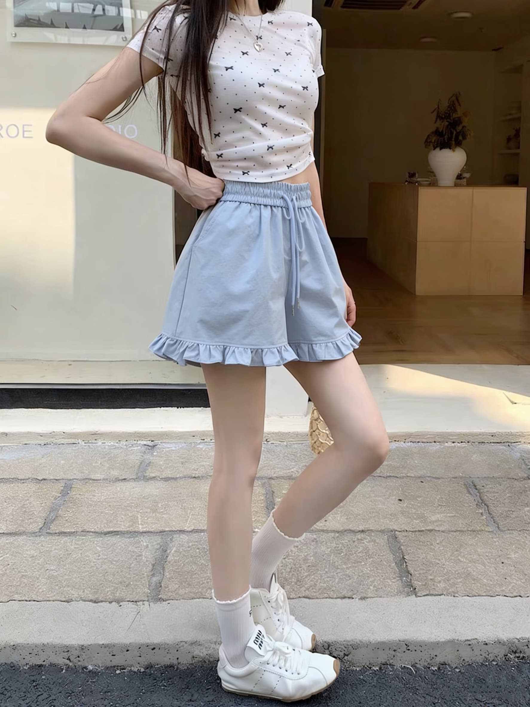 실사 한국 스타일 여름 새로운 프릴 캐주얼 반바지 하이웨이스트 슬림해 보이는 루즈핏 와이드 레그 팬츠 상세 이미지 8