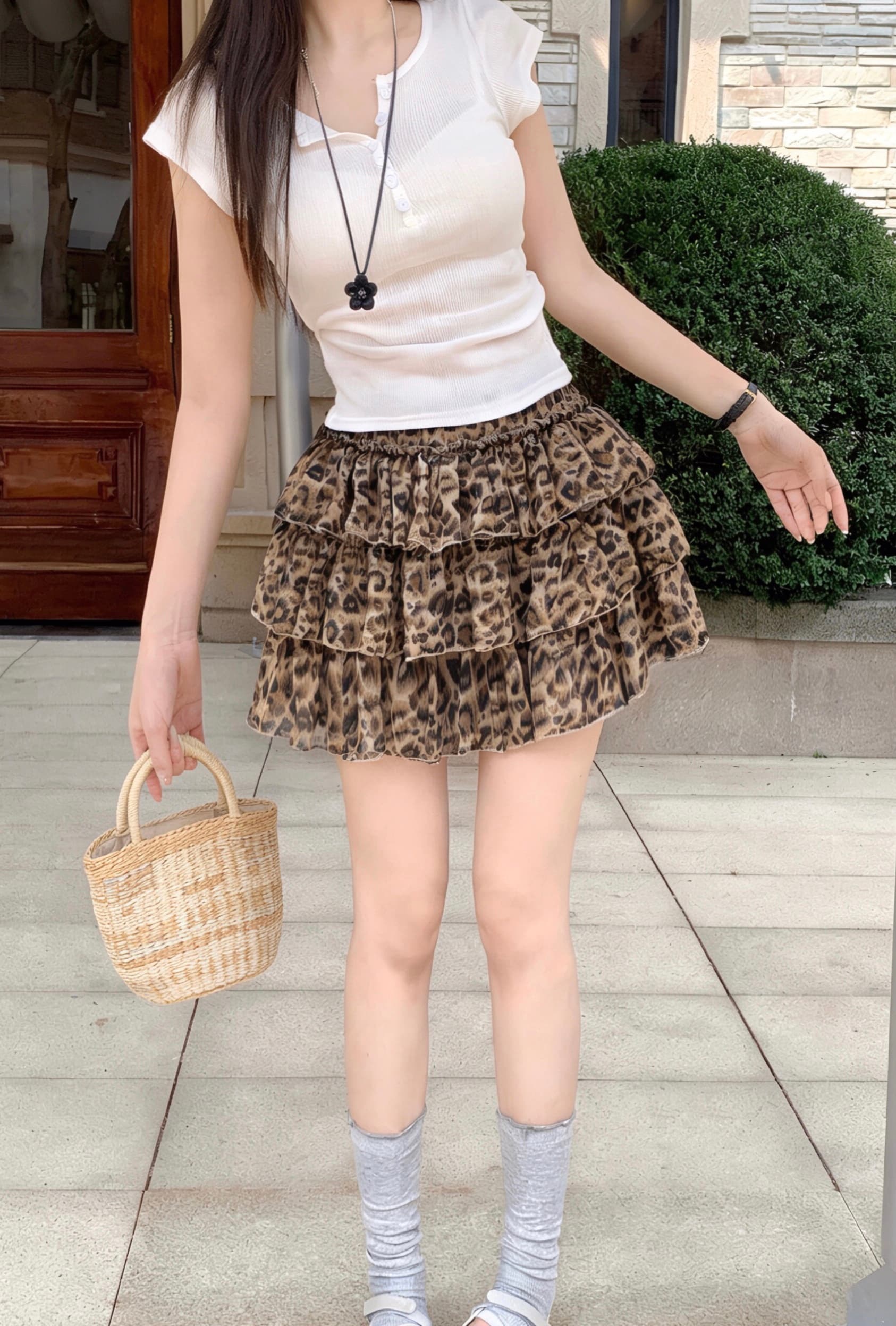 실사 레오파드 무늬 퍼프 프릴 케이크 미니 스커트 여성 여름 레벨 센스 연령 감소 다용도 반신 스커트 상세 이미지 1