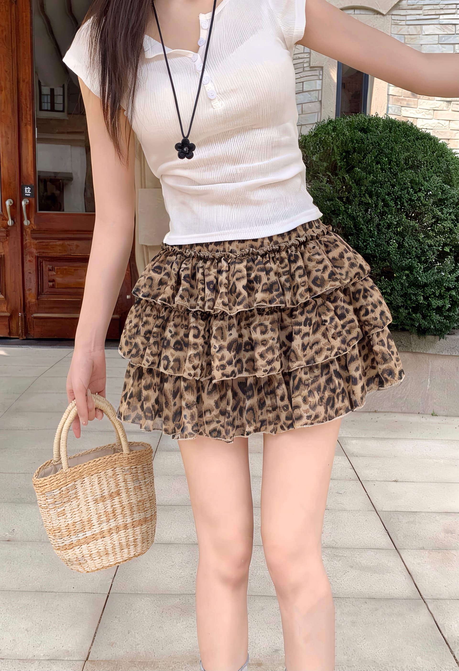실사 레오파드 무늬 퍼프 프릴 케이크 미니 스커트 여성 여름 레벨 센스 연령 감소 다용도 반신 스커트 상세 이미지 4