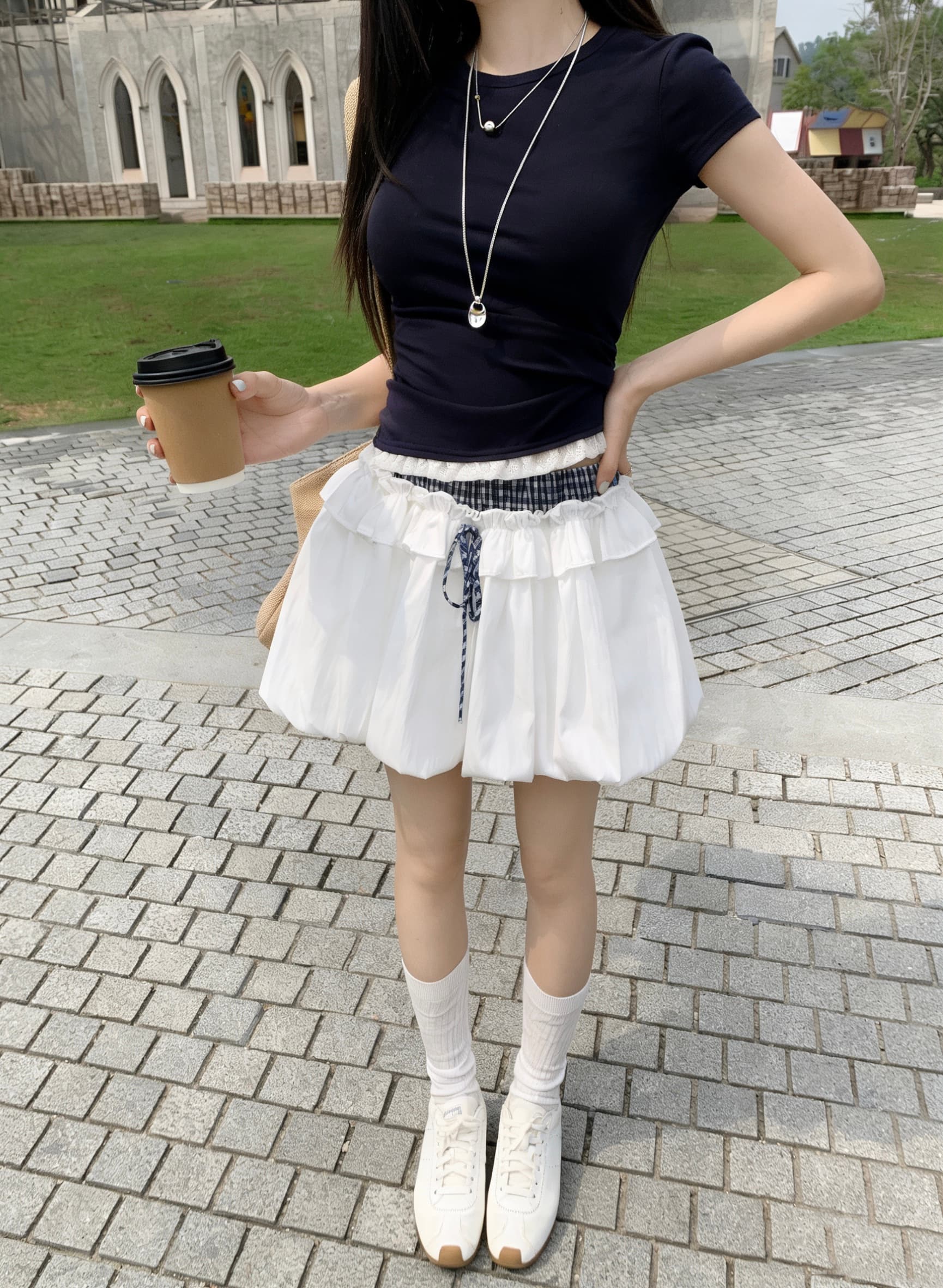 실사 여름 꽃밭 새싹 패치워크 체크무늬 새로운 도루 센스 퍼프 스커트 다용도 슬림해 보이는 반신 스커트 미니 스커트 상세 이미지 5