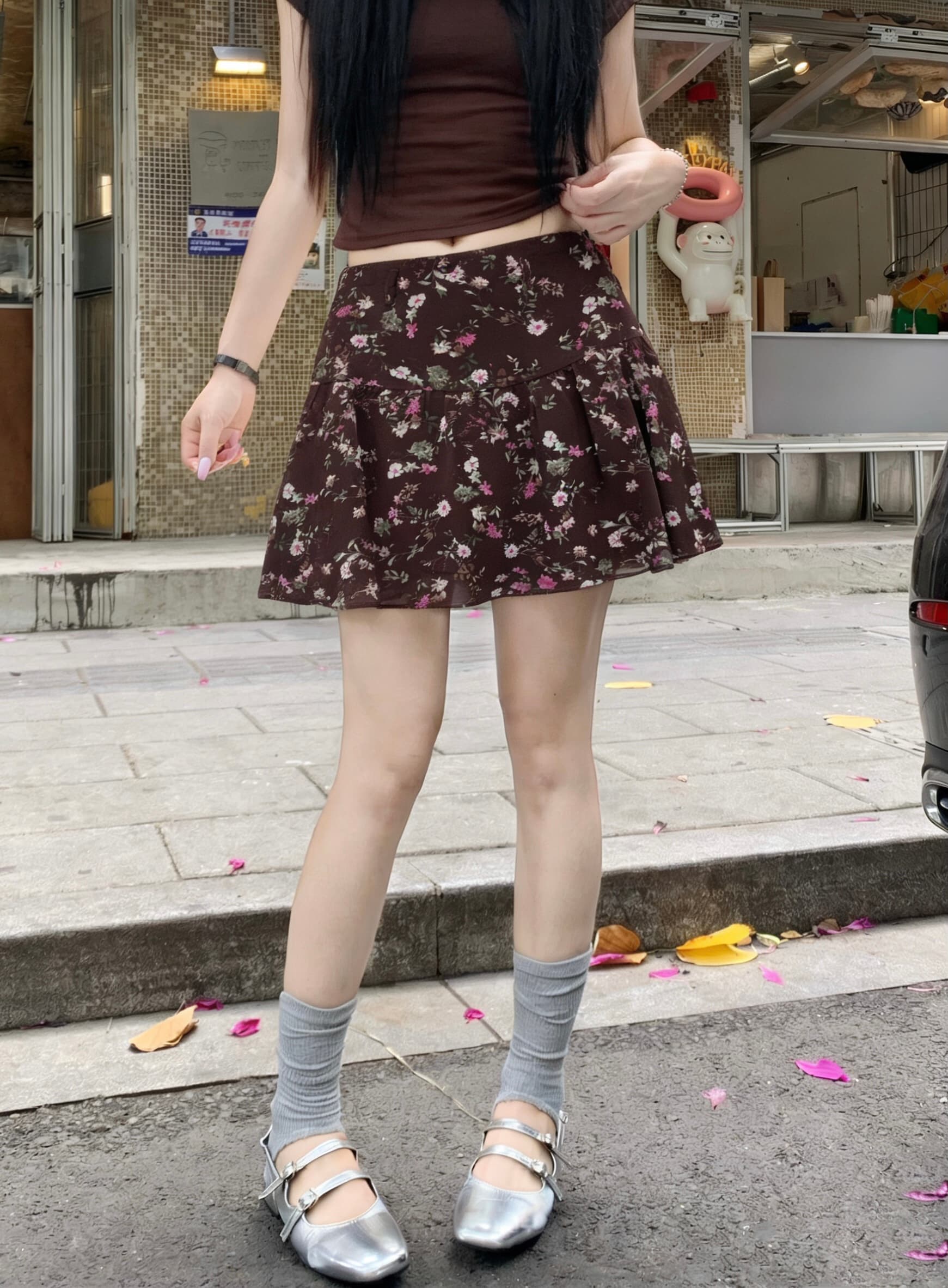 실사 꽃무늬 반신 스커트 여성 하이웨이스트 프린트 패션 다용도 몸매 가꾸기 가벼움 통기성 외국 가스 한 마디 미니 스커트 상세 이미지 2