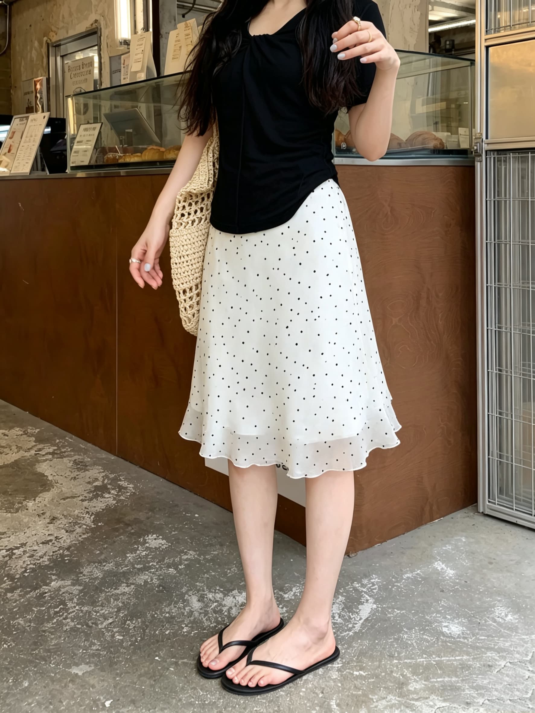 실사 프랑스식 레트로 도트 무늬 쉬폰 한 마디 반신 스커트 여자 중간 롱 코트 레이스 측면 치마 스트레이트 슬림해 보이는 중간 스커트