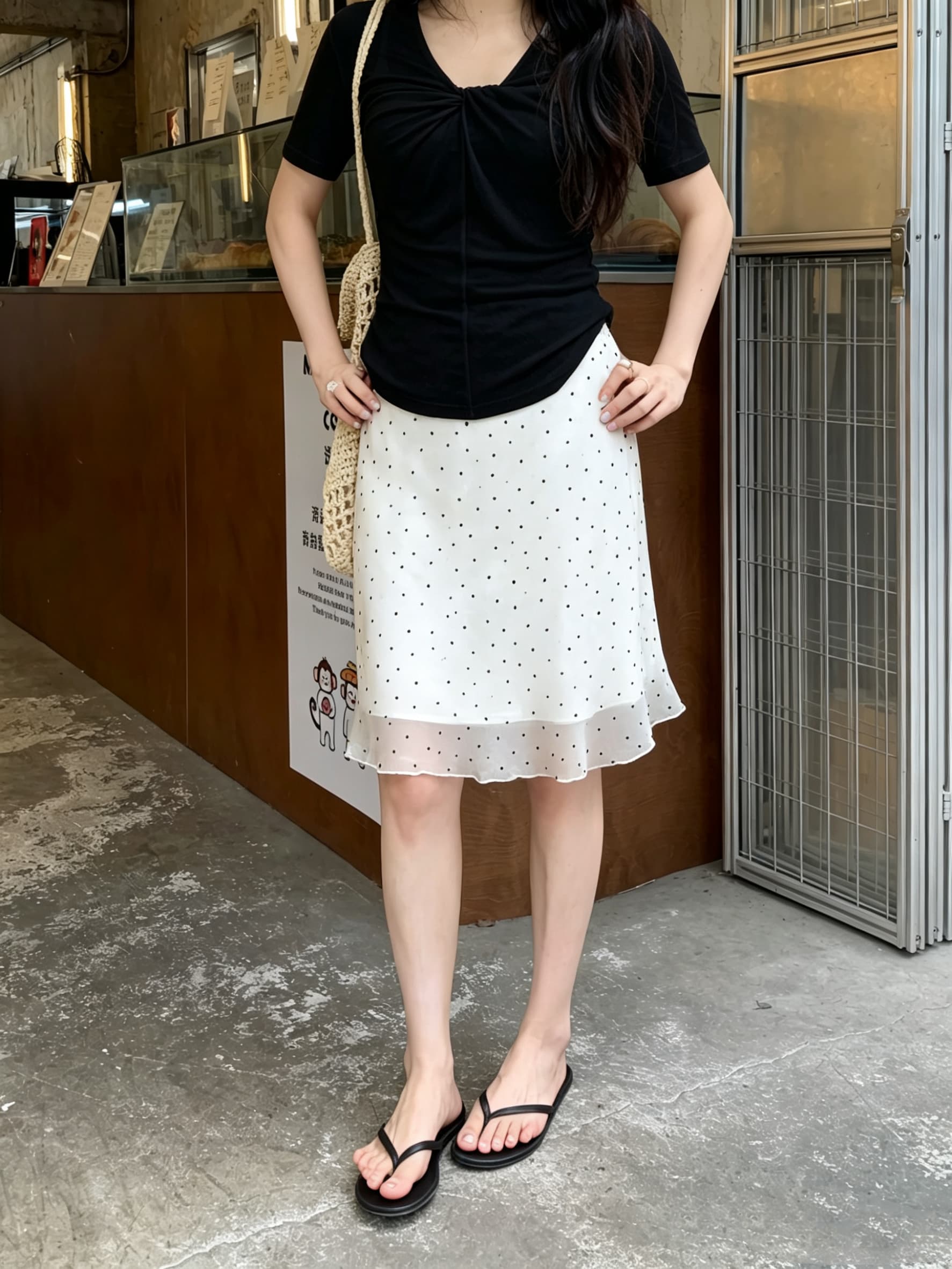 실사 프랑스식 레트로 도트 무늬 쉬폰 한 마디 반신 스커트 여자 중간 롱 코트 레이스 측면 치마 스트레이트 슬림해 보이는 중간 스커트 상세 이미지 2