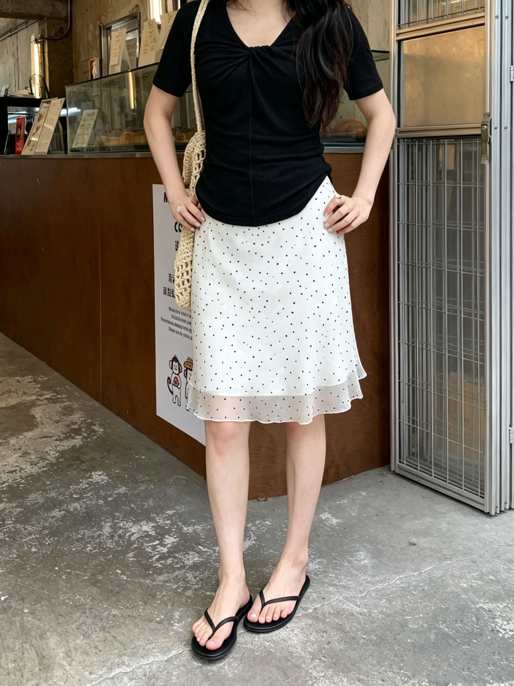 실사 프랑스식 레트로 도트 무늬 쉬폰 한 마디 반신 스커트 여자 중간 롱 코트 레이스 측면 치마 스트레이트 슬림해 보이는 중간 스커트 상세 이미지 6