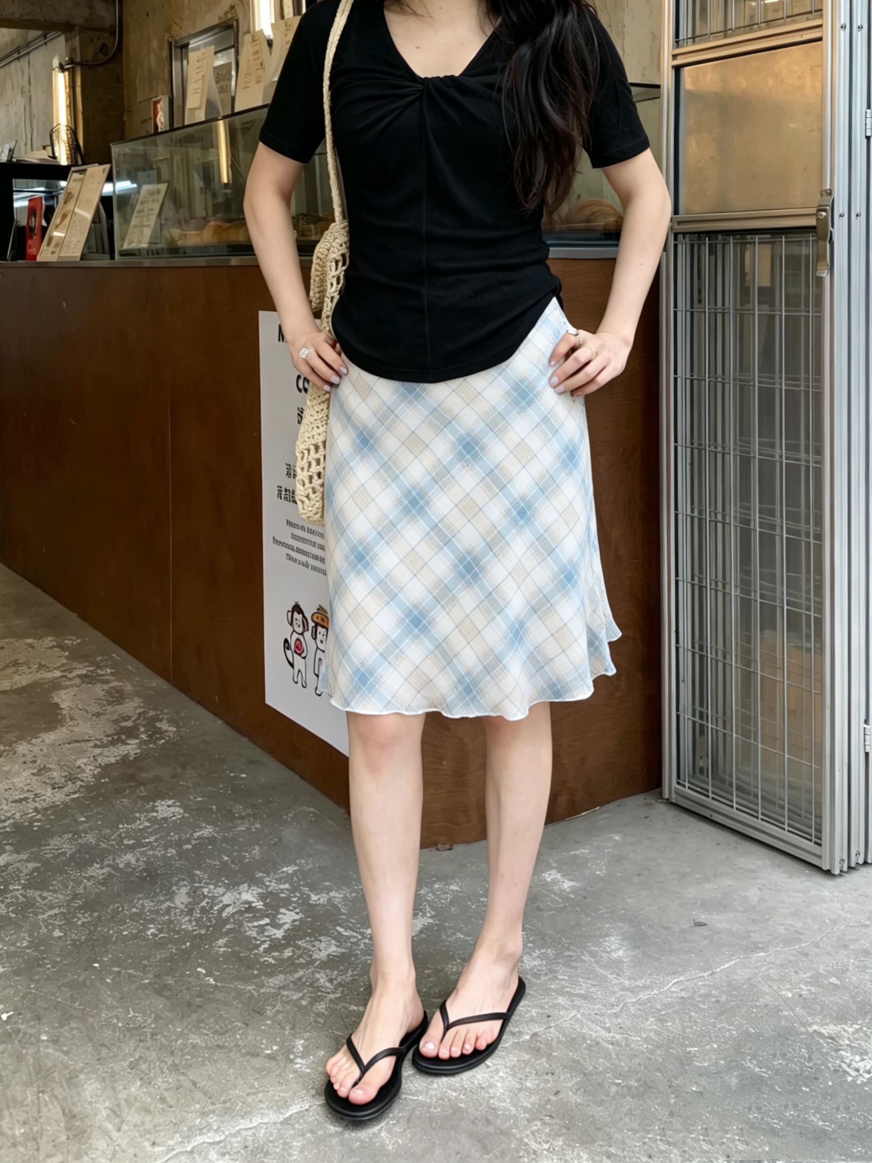 실사 레트로 체크무늬 쉬폰 한 마디 반신 스커트 여자 중간 롱 코트 레이스 측면 치마 스트레이트 슬림해 보이는 중간 스커트 이미지 3