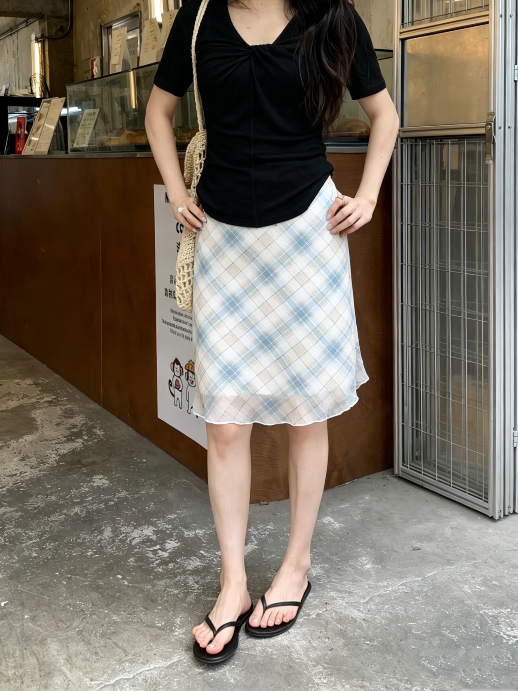 실사 레트로 체크무늬 쉬폰 한 마디 반신 스커트 여자 중간 롱 코트 레이스 측면 치마 스트레이트 슬림해 보이는 중간 스커트 상세 이미지 3