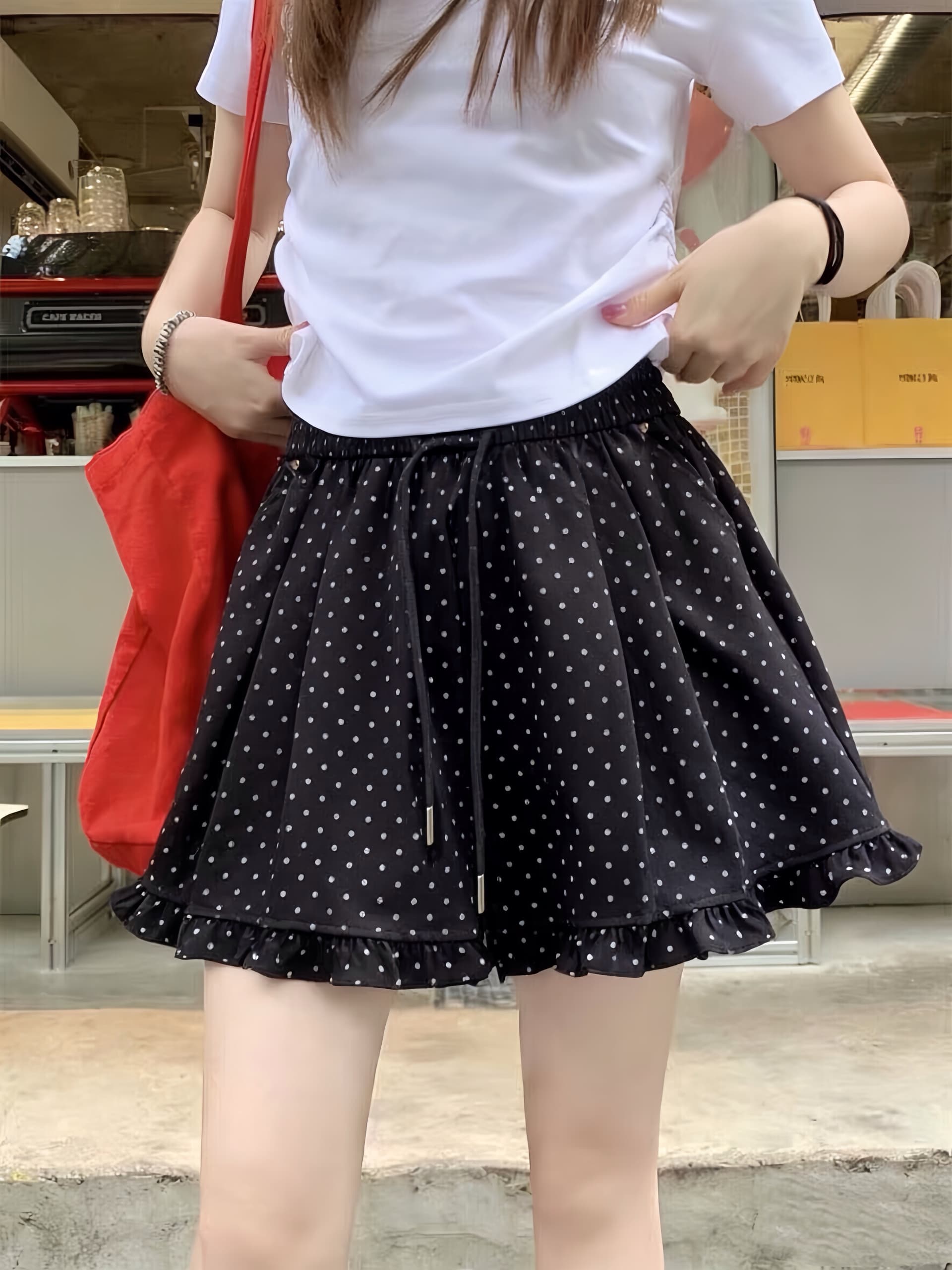 실사 도트 무늬 여름 프릴 캐주얼 반바지 하이웨이스트 다용도 슬림해 보이는 루즈핏 와이드 레그 팬츠