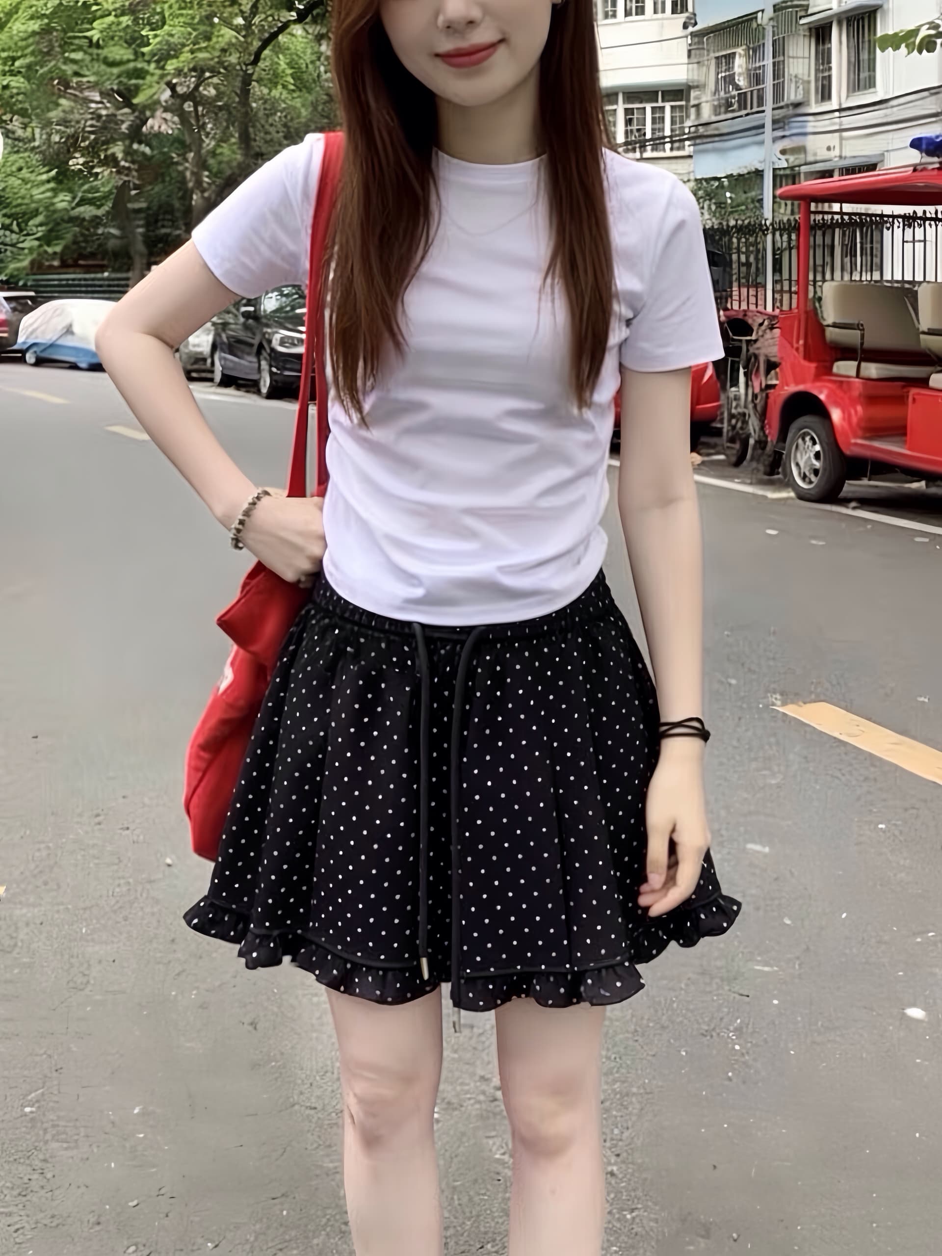 실사 도트 무늬 여름 프릴 캐주얼 반바지 하이웨이스트 다용도 슬림해 보이는 루즈핏 와이드 레그 팬츠 이미지 3
