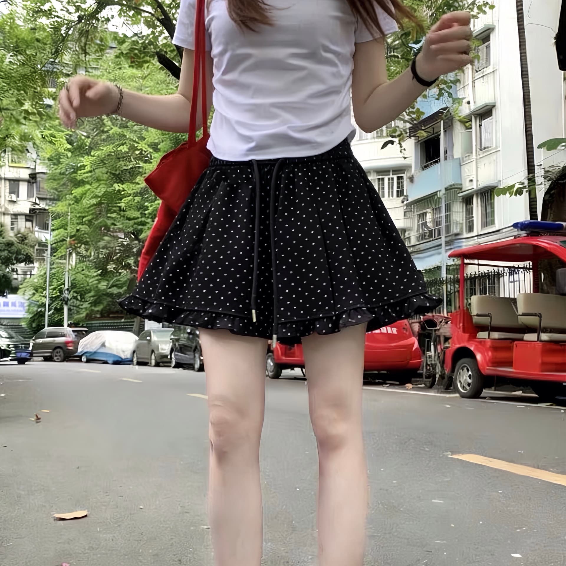 실사 도트 무늬 여름 프릴 캐주얼 반바지 하이웨이스트 다용도 슬림해 보이는 루즈핏 와이드 레그 팬츠 이미지 5