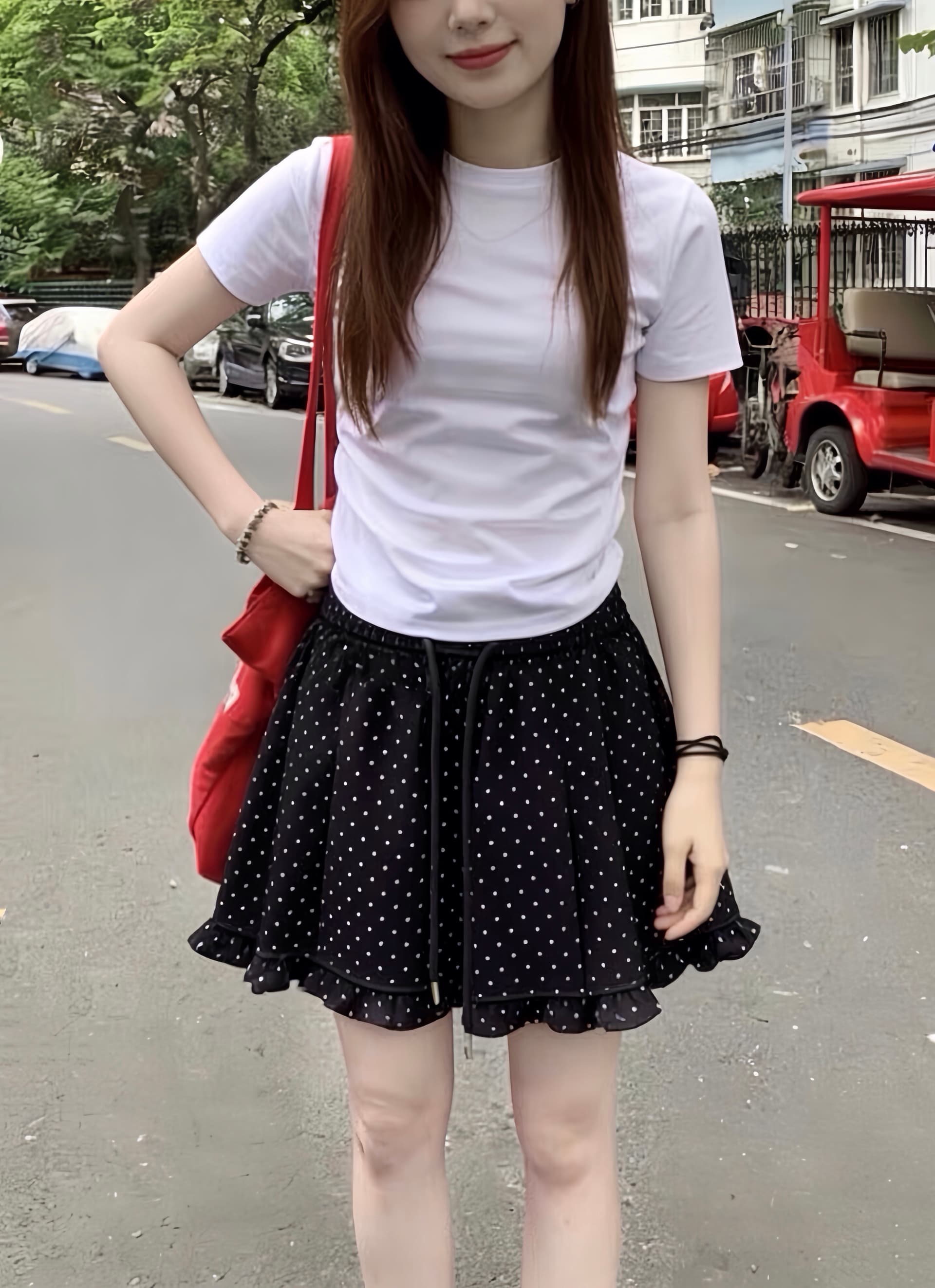 실사 도트 무늬 여름 프릴 캐주얼 반바지 하이웨이스트 다용도 슬림해 보이는 루즈핏 와이드 레그 팬츠 상세 이미지 4