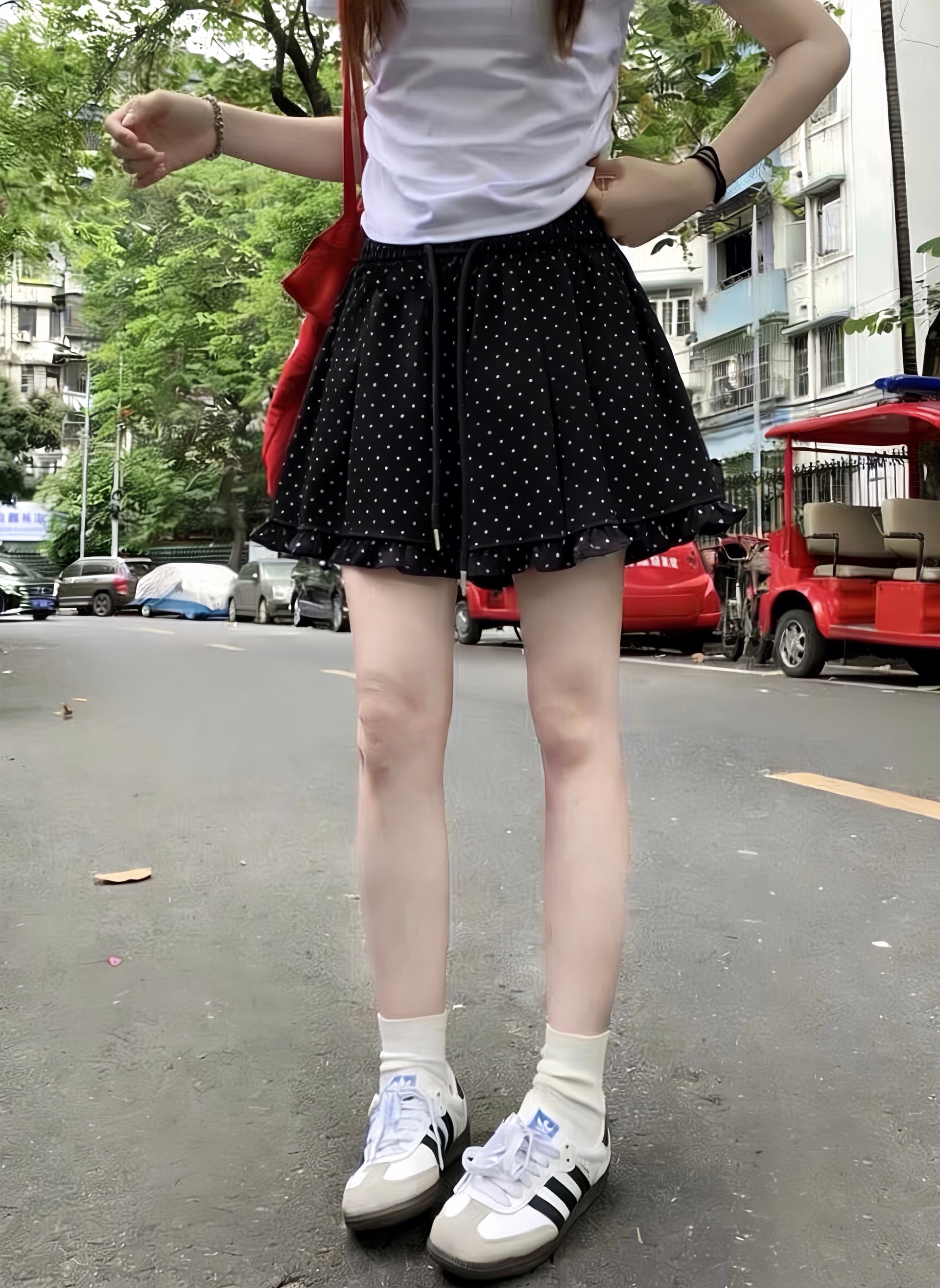 실사 도트 무늬 여름 프릴 캐주얼 반바지 하이웨이스트 다용도 슬림해 보이는 루즈핏 와이드 레그 팬츠 상세 이미지 5