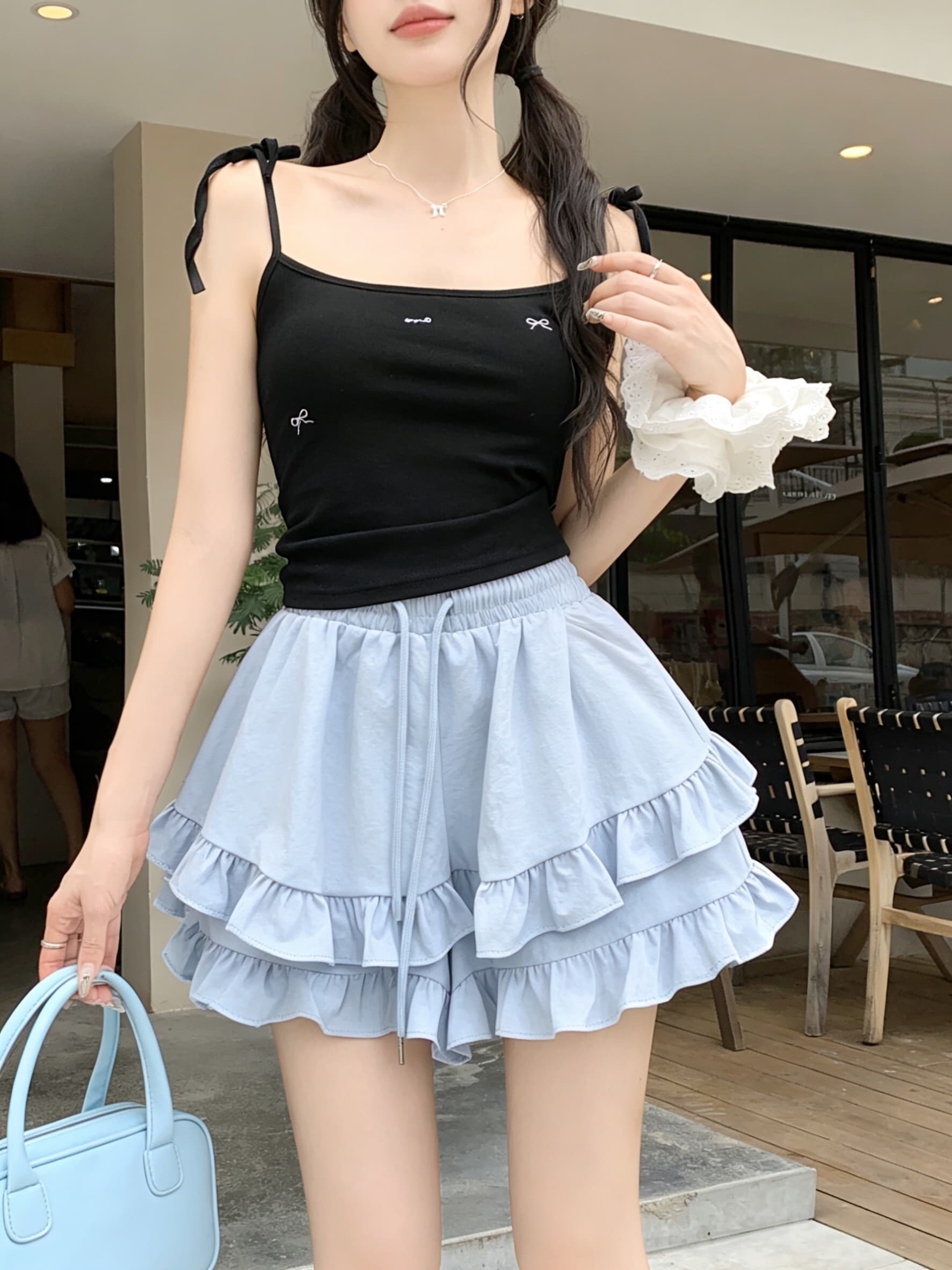 실사 불규칙 프릴 밴딩 하이웨이스트 짧은 치마바지 여름 캐주얼 하이웨이스트 슬림해 보이는 루즈핏 와이드 레그 팬츠 상세 이미지 11